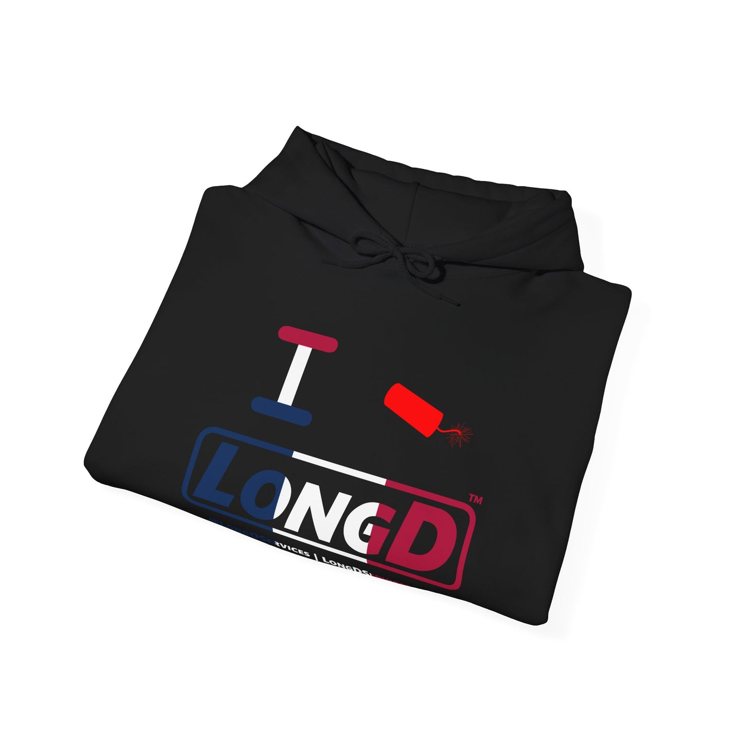 I Firecracker LongD® Logo Hoodie blue, white and red positive thirds