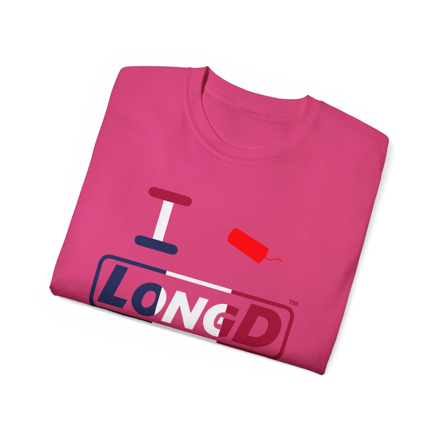 I Firecracker LongD® Logo Cotton Tee Blue, White and Red positive thirds text