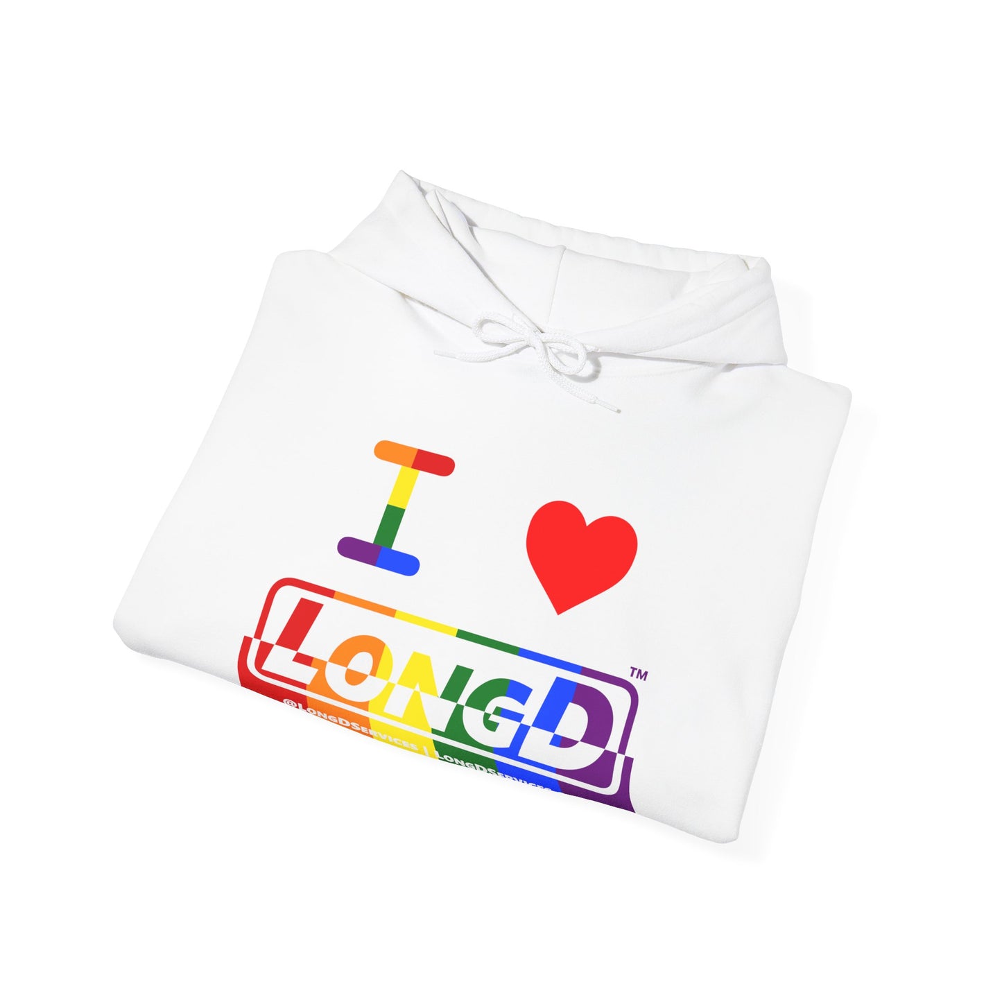 I Luv LongD® Logo Hoodie with Pride rainbow positive top negative bottom text