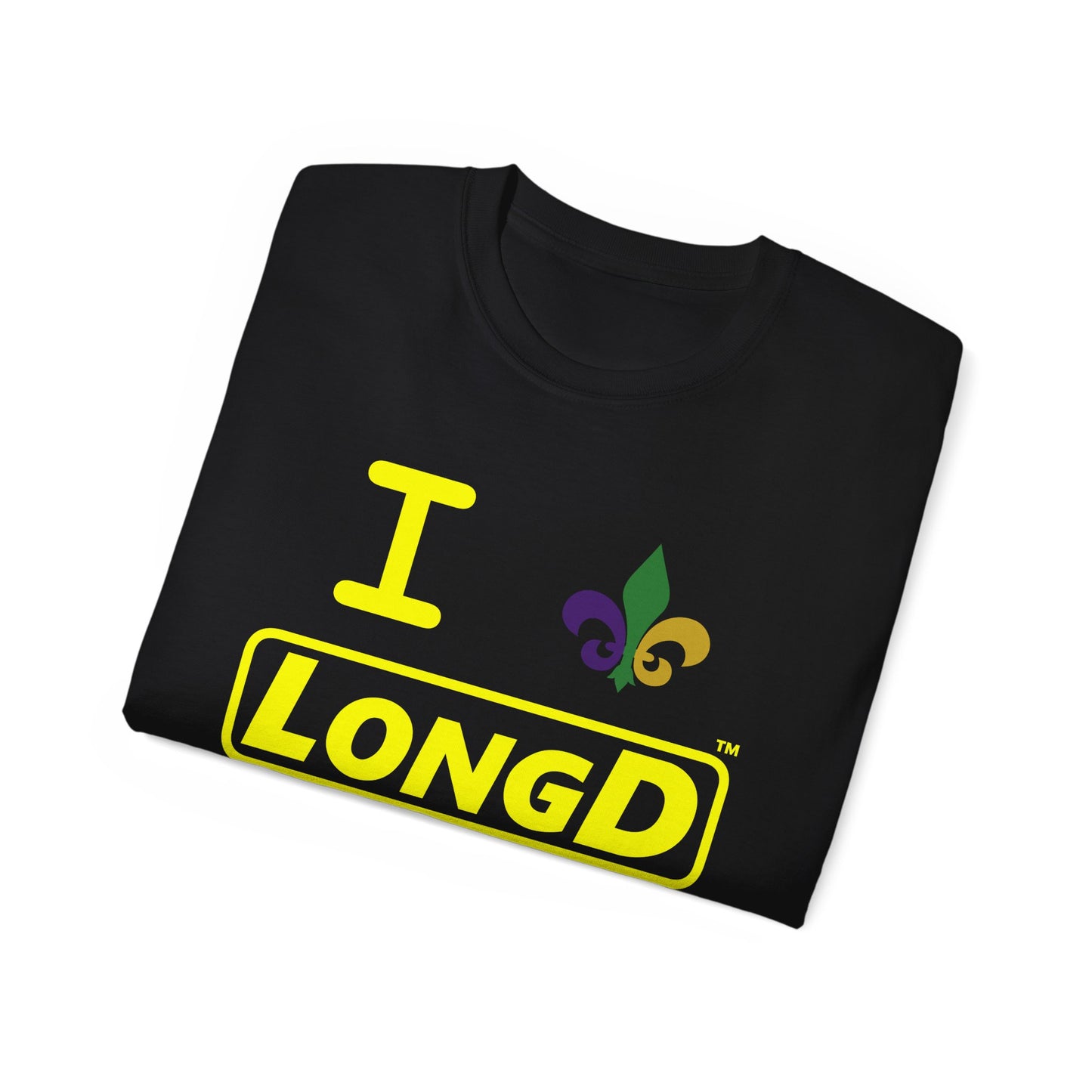I Fleur LongD® Logo Cotton Tee (yellow text & Mardi Gras colored fleur de lis)