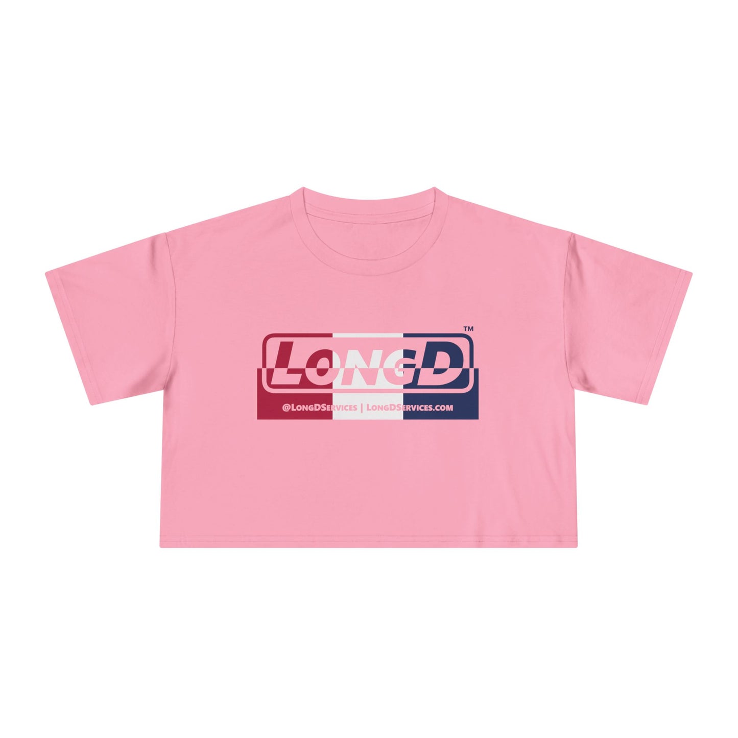 LongD Logo Women's Crop Tee Red, White & Blue positive-negative split text
