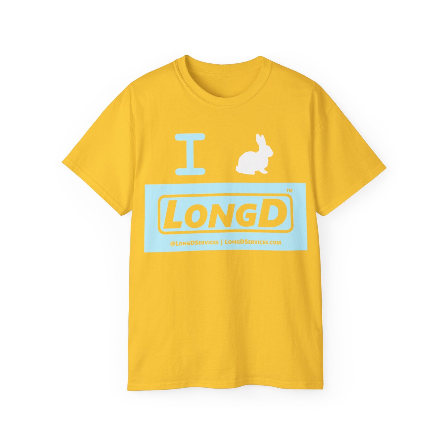 I Bunny LongD® Logo Cotton Tee Easter pastel blue negative text (white Easter Bunny)