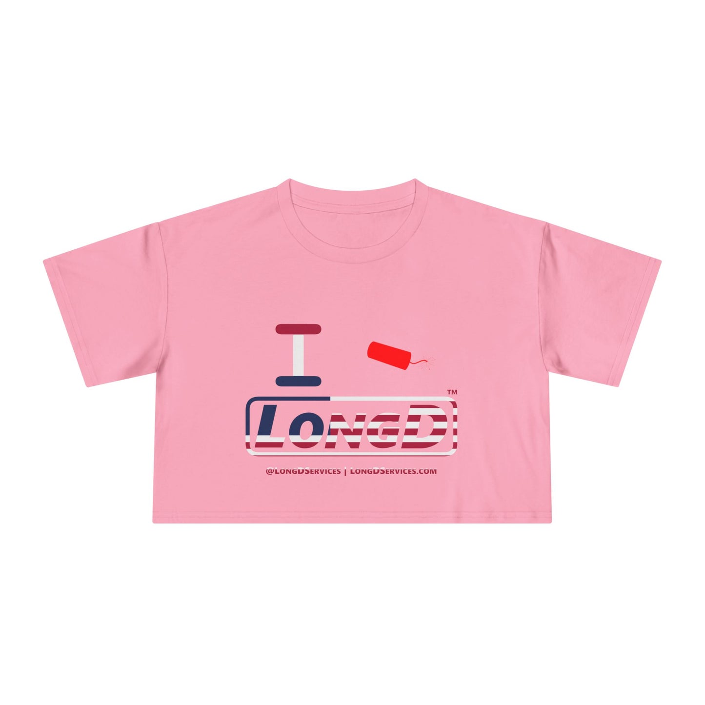 I Firecracker LongD Logo Women's Crop Tee Red, White & Blue positive flag