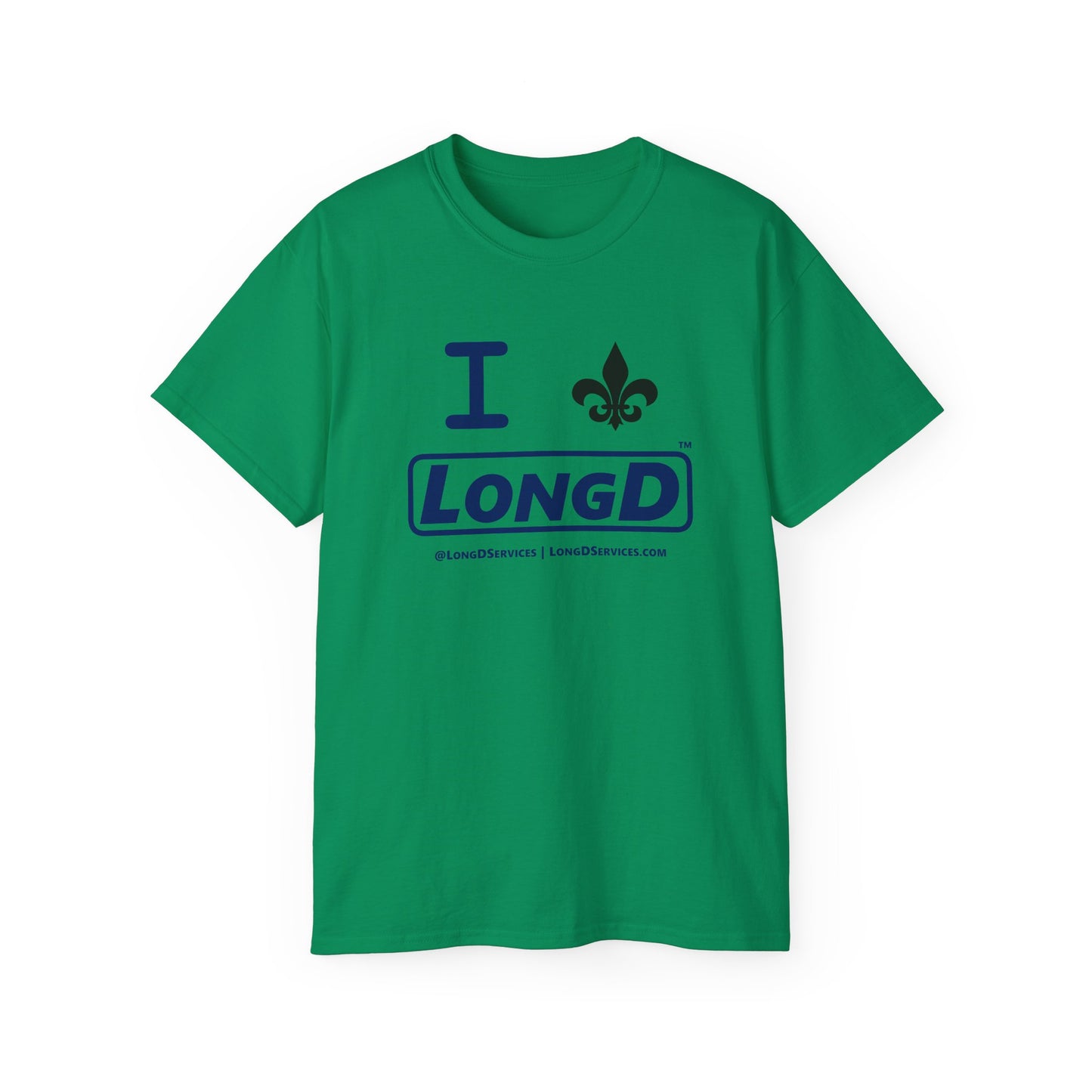 I Fleur LongD® Logo Cotton Tee (blue text & black fleur de lis)