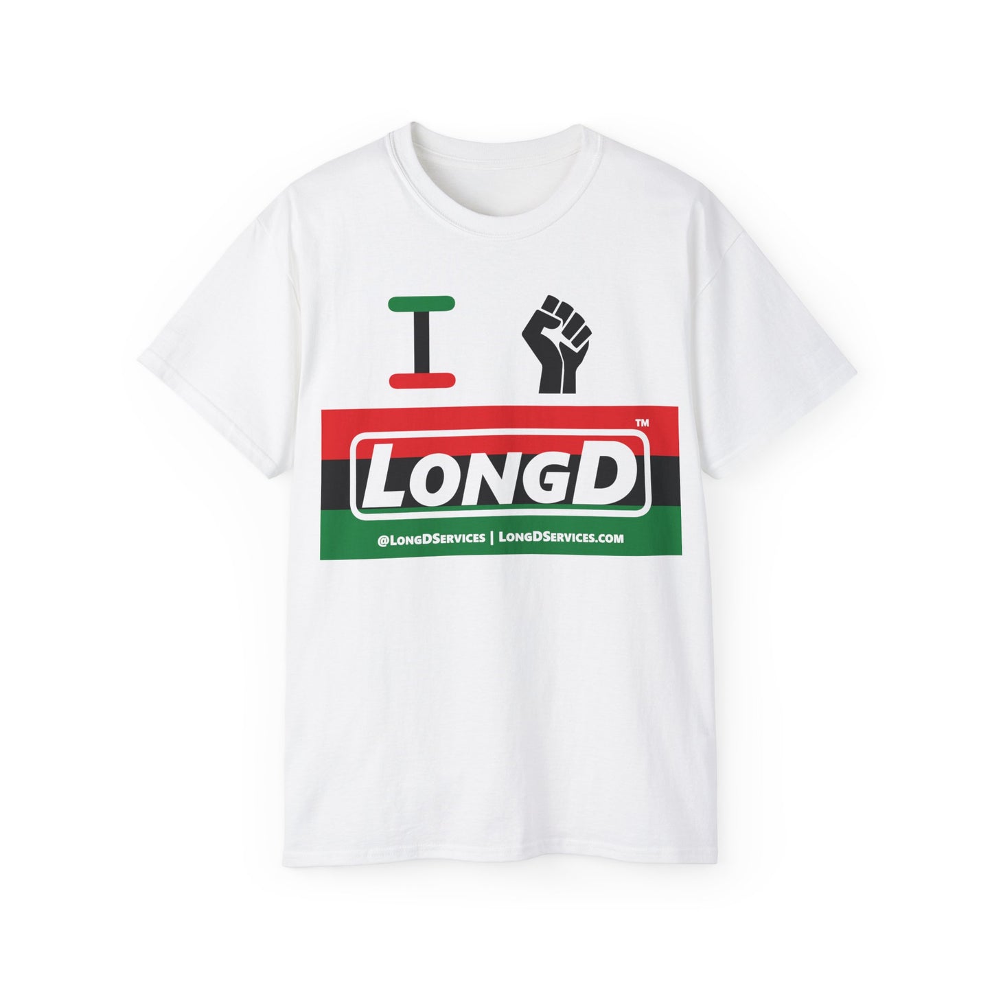 I Fist LongD® Logo Cotton Tee Juneteenth black fist negative striped text