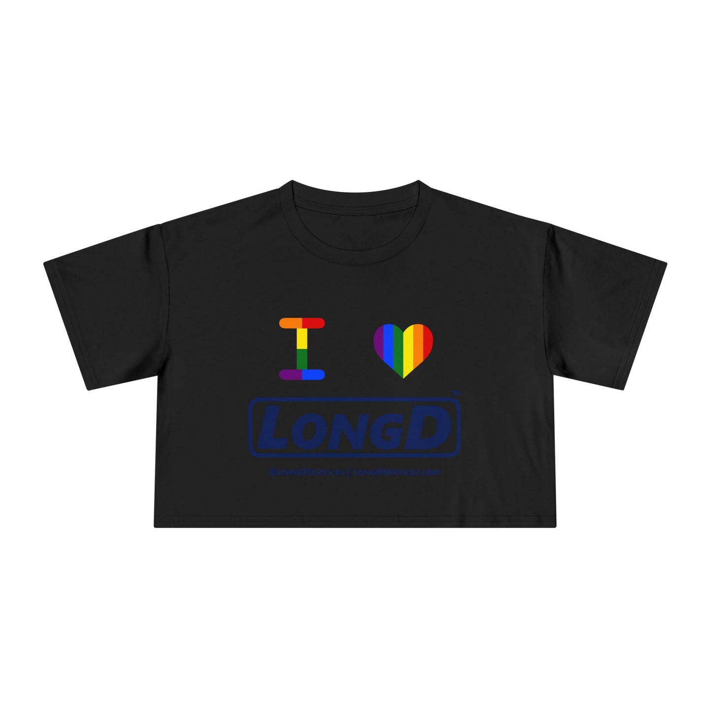I Luv LongD Logo Women's Crop Tee (Official logo-Pride color rainbow heart and text)