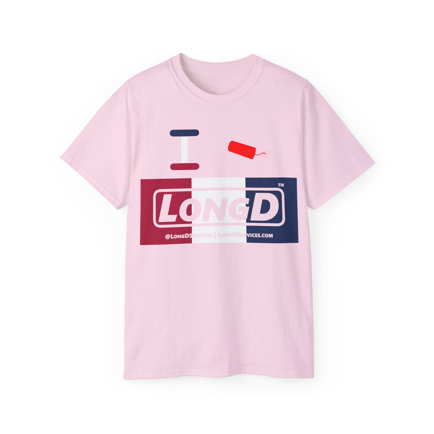 I Firecracker LongD® Logo Cotton Tee Red, White and Blue negative thirds text