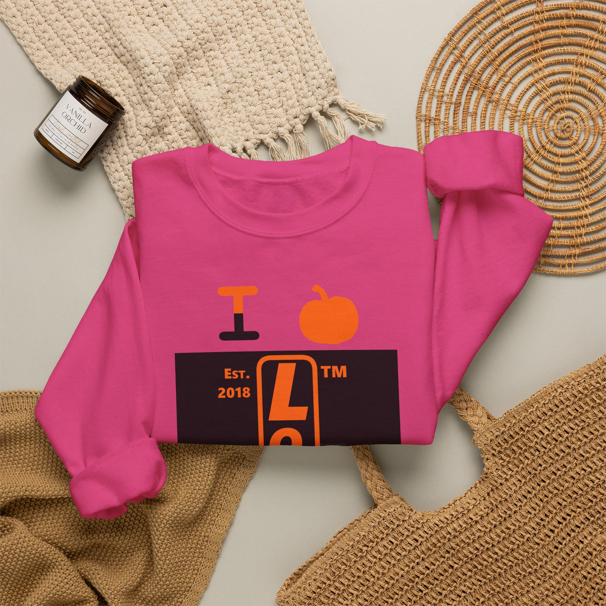 I pumpkin LongD Chicago upright logo positive orange on negative black crewneck sweatshirt