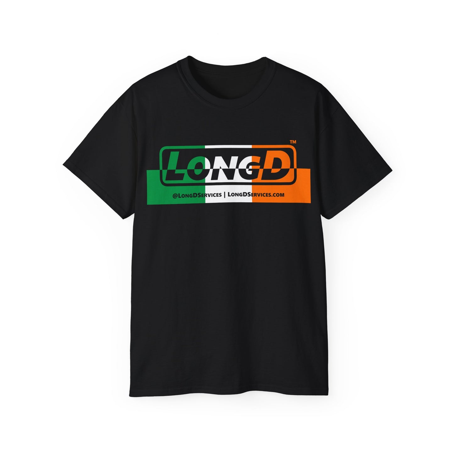 LongD® Logo Cotton Tee (St. Patrick's Day -Irish Green, White and Irish Orange thirds top-bottom positive-negative split)