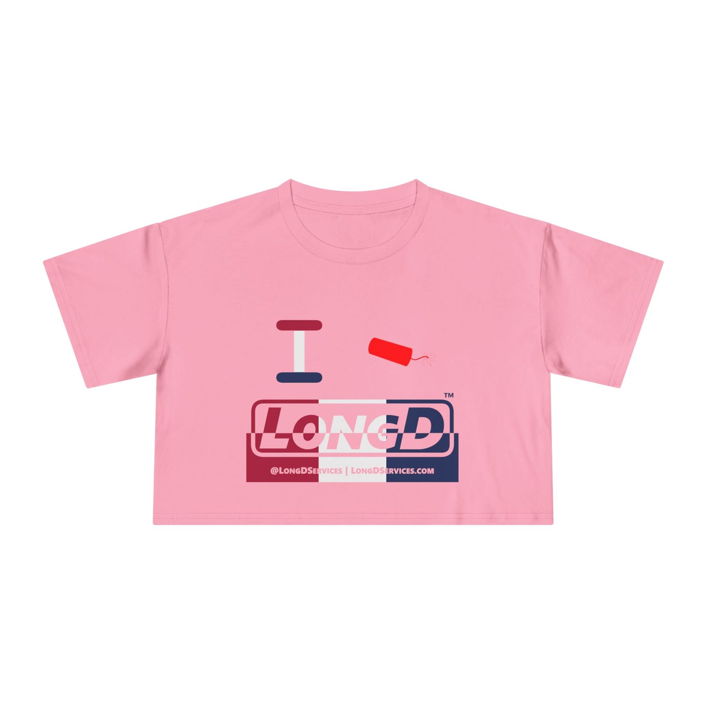 I Firecracker LongD Logo Women's Crop Tee Red, White & Blue positive-negative split thirds
