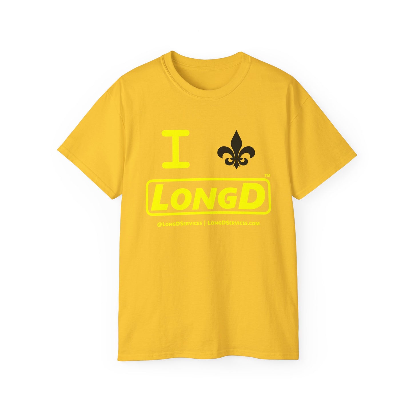 I Fleur LongD® Logo Cotton Tee (yellow text & black fleur de lis)