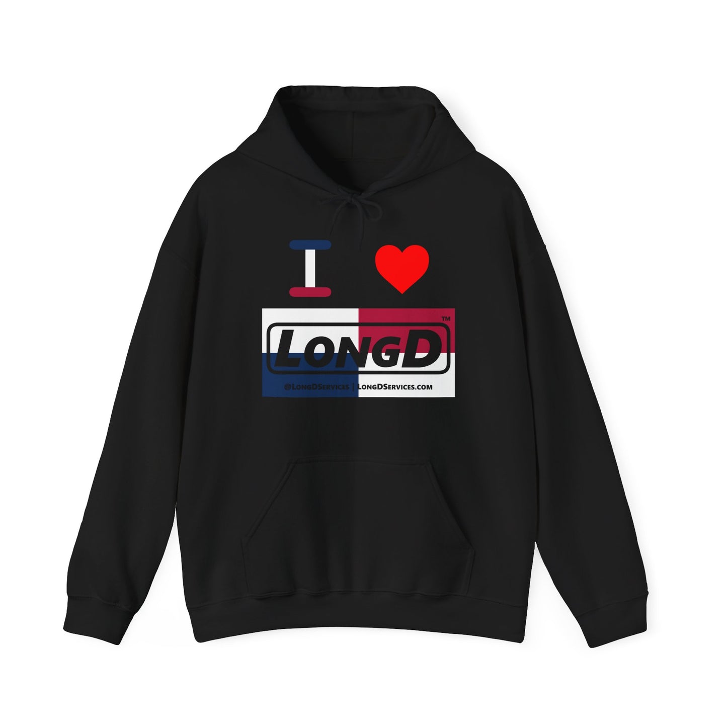 I Luv LongD® Logo Hoodie red, white and blue negative quarters