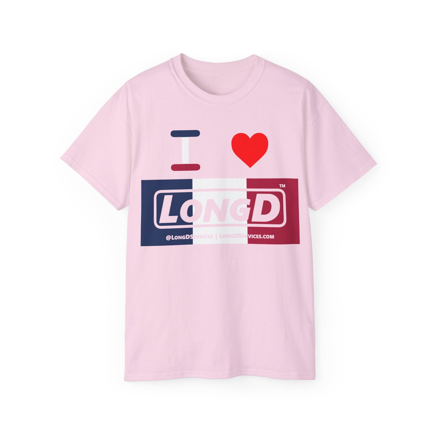 I Luv LongD® Logo Cotton Tee Blue, White and Red negative thirds text