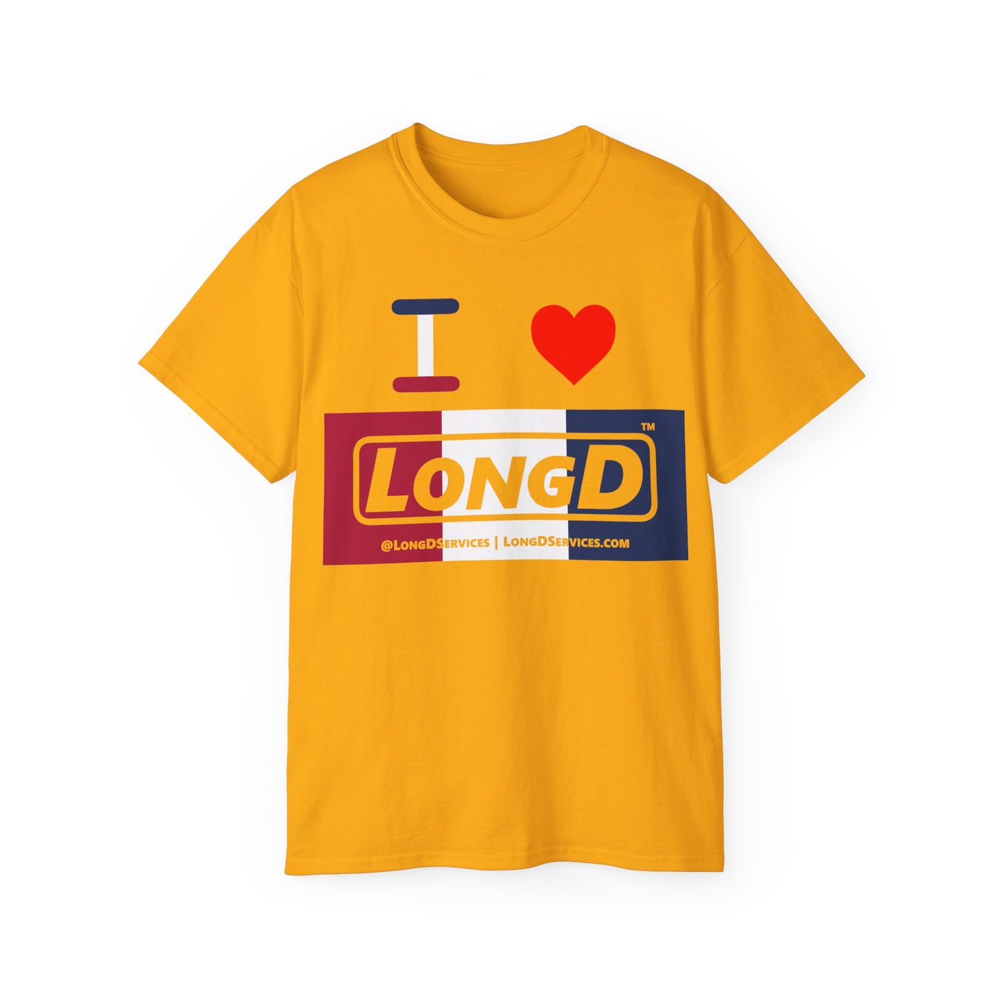 I Luv LongD® Logo Cotton Tee Red, White and Blue negative thirds text