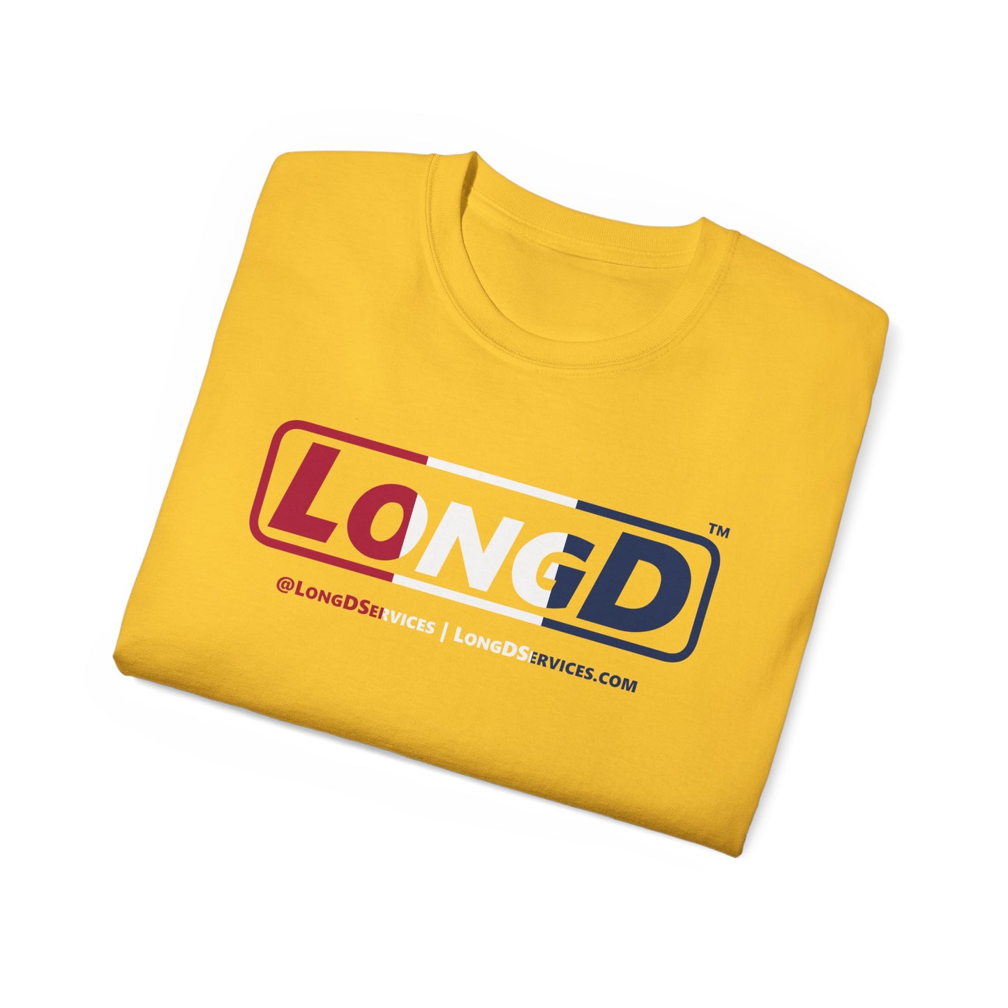 LongD® Logo Cotton Tee Red, White and Blue positive thirds text
