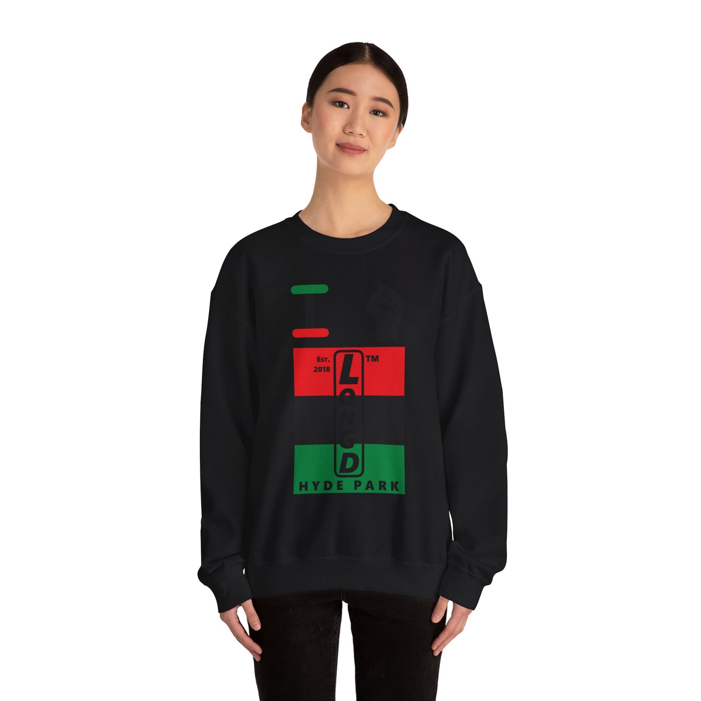 I Fist LongD negative horizontal 3-striped Hyde Park upright logo crewneck sweatshirt