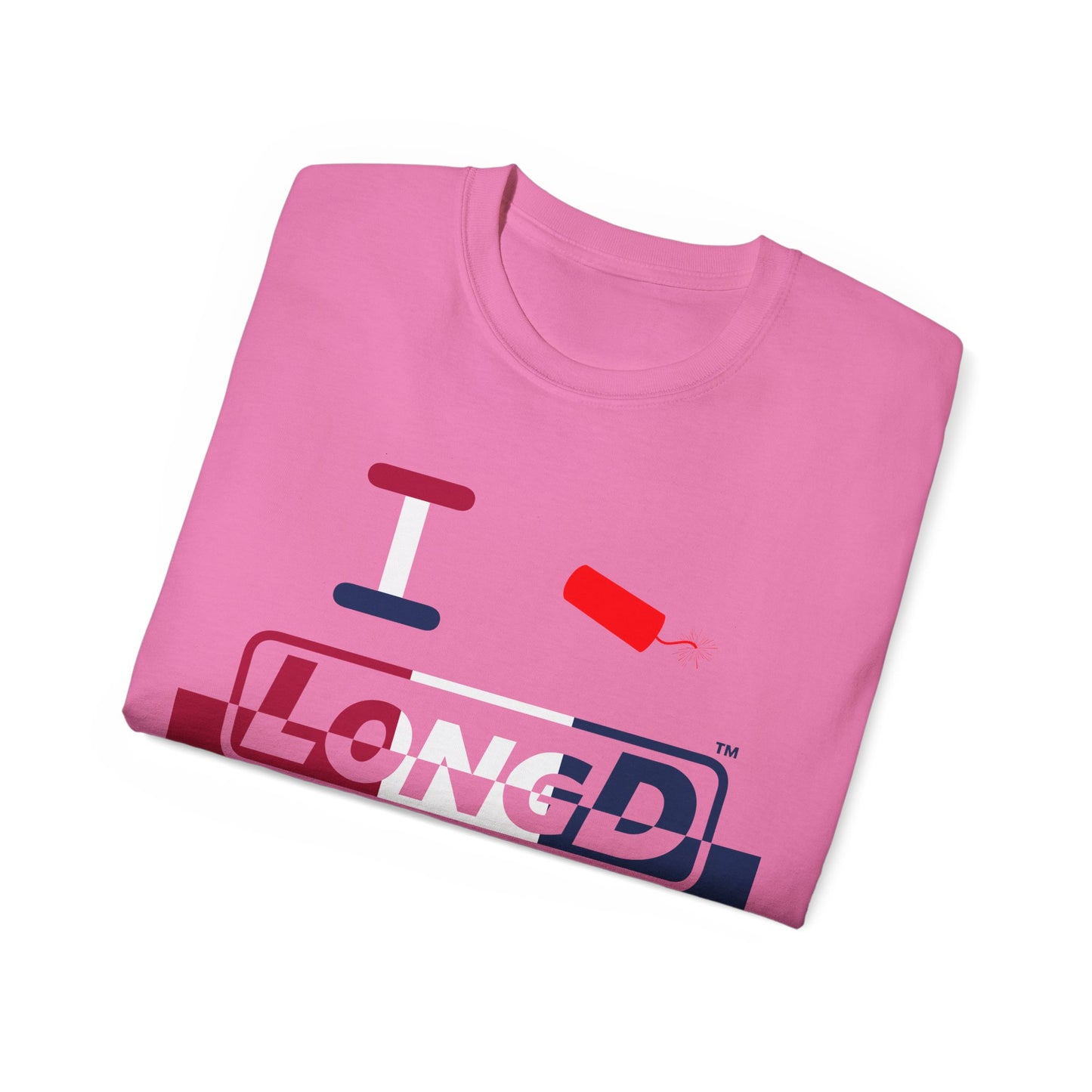 I Firecracker LongD® Logo Cotton Tee Red, White and Blue positive top negative bottom split thirds text