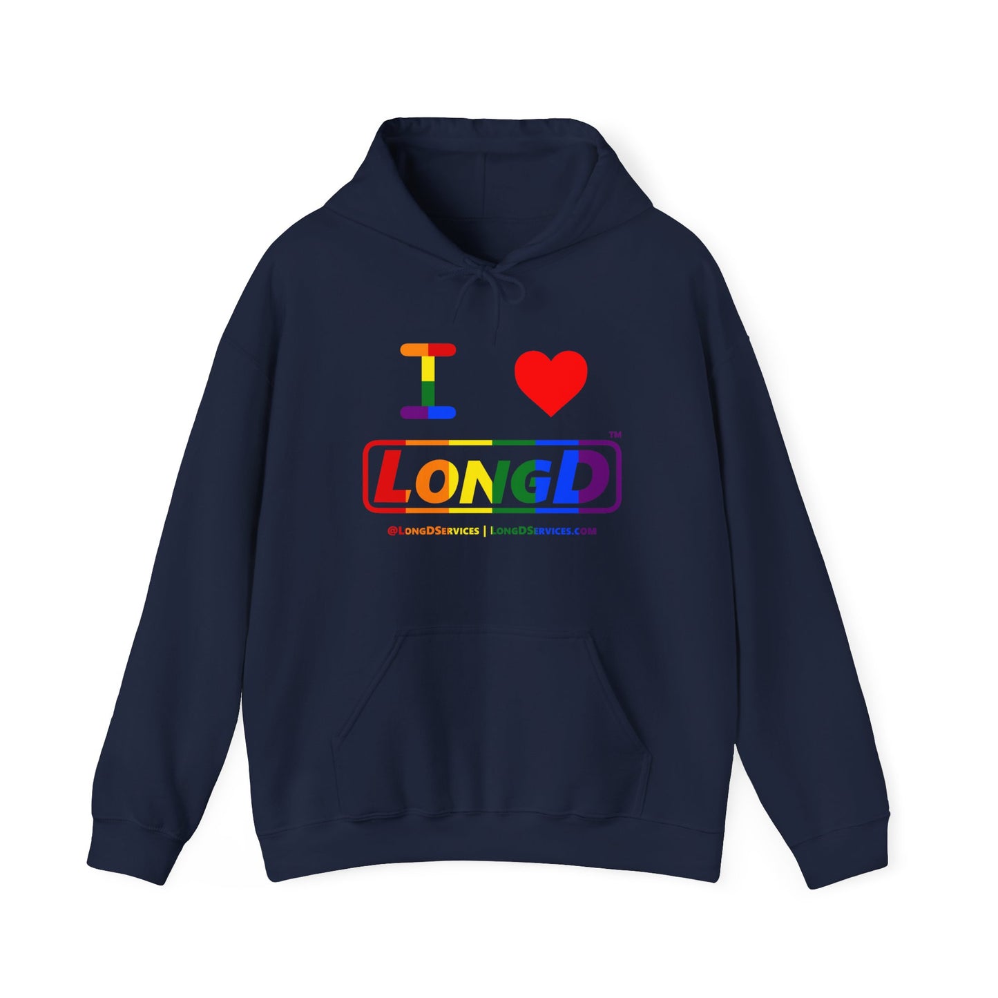 I Luv LongD® Logo Hoodie with Pride rainbow positive text