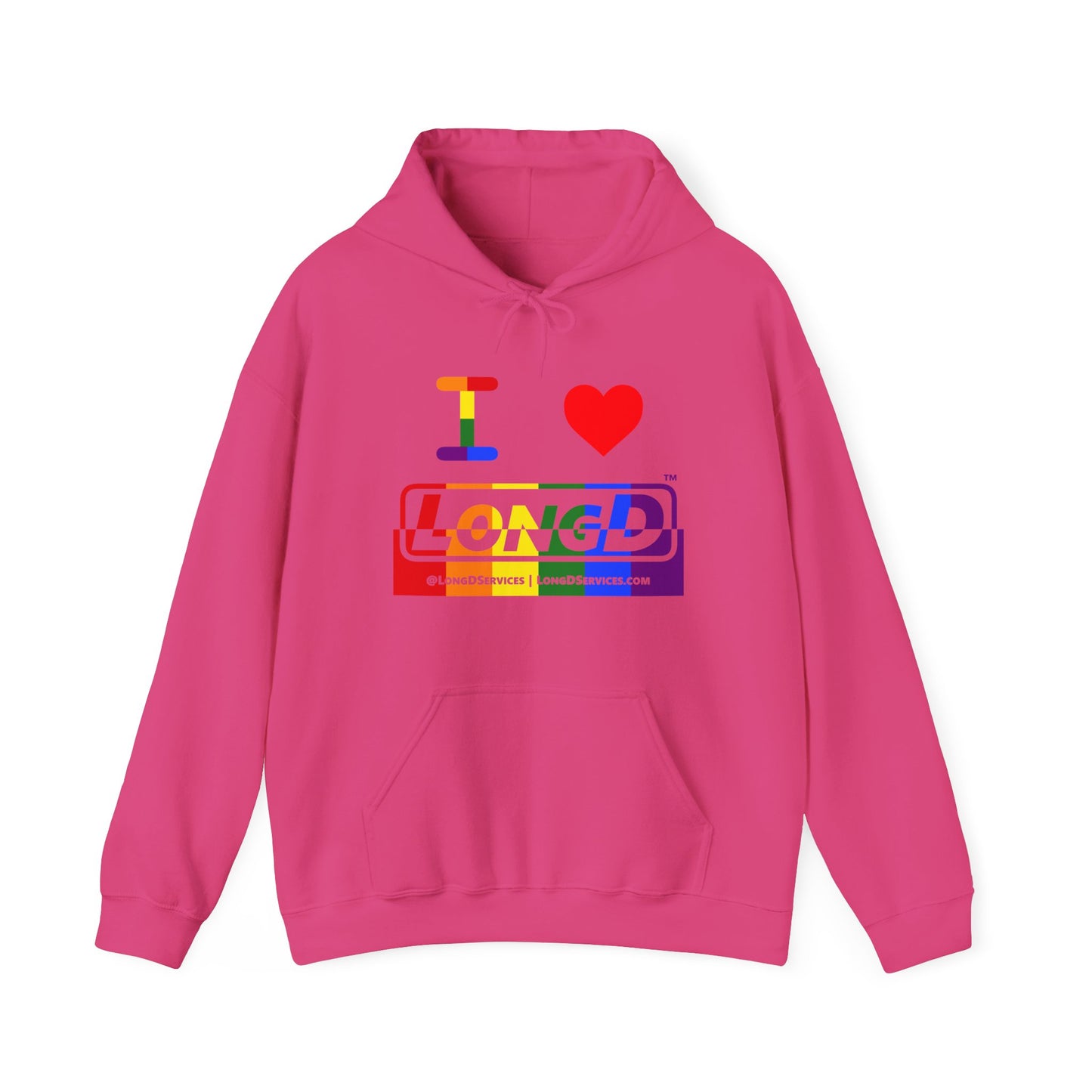 I Luv LongD® Logo Hoodie with Pride rainbow positive top negative bottom text