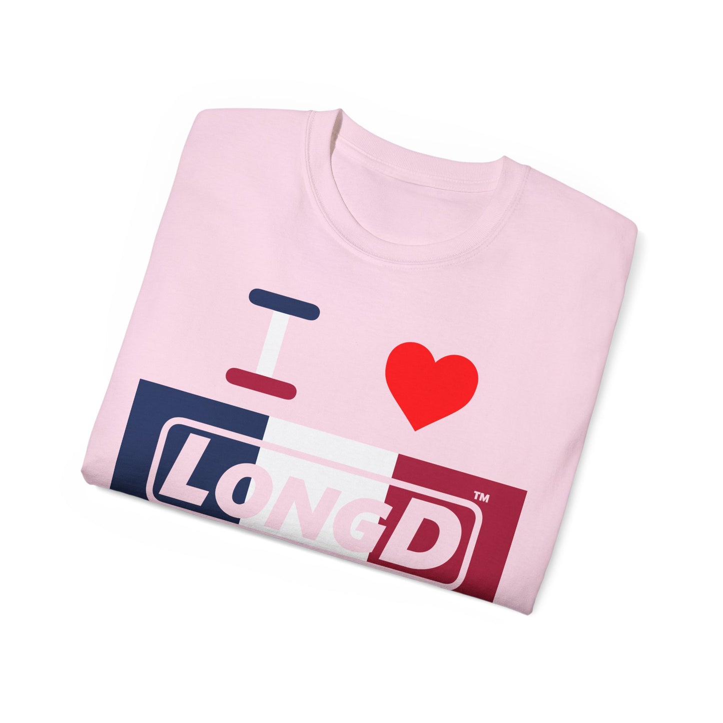 I Luv LongD® Logo Cotton Tee Blue, White and Red negative thirds text