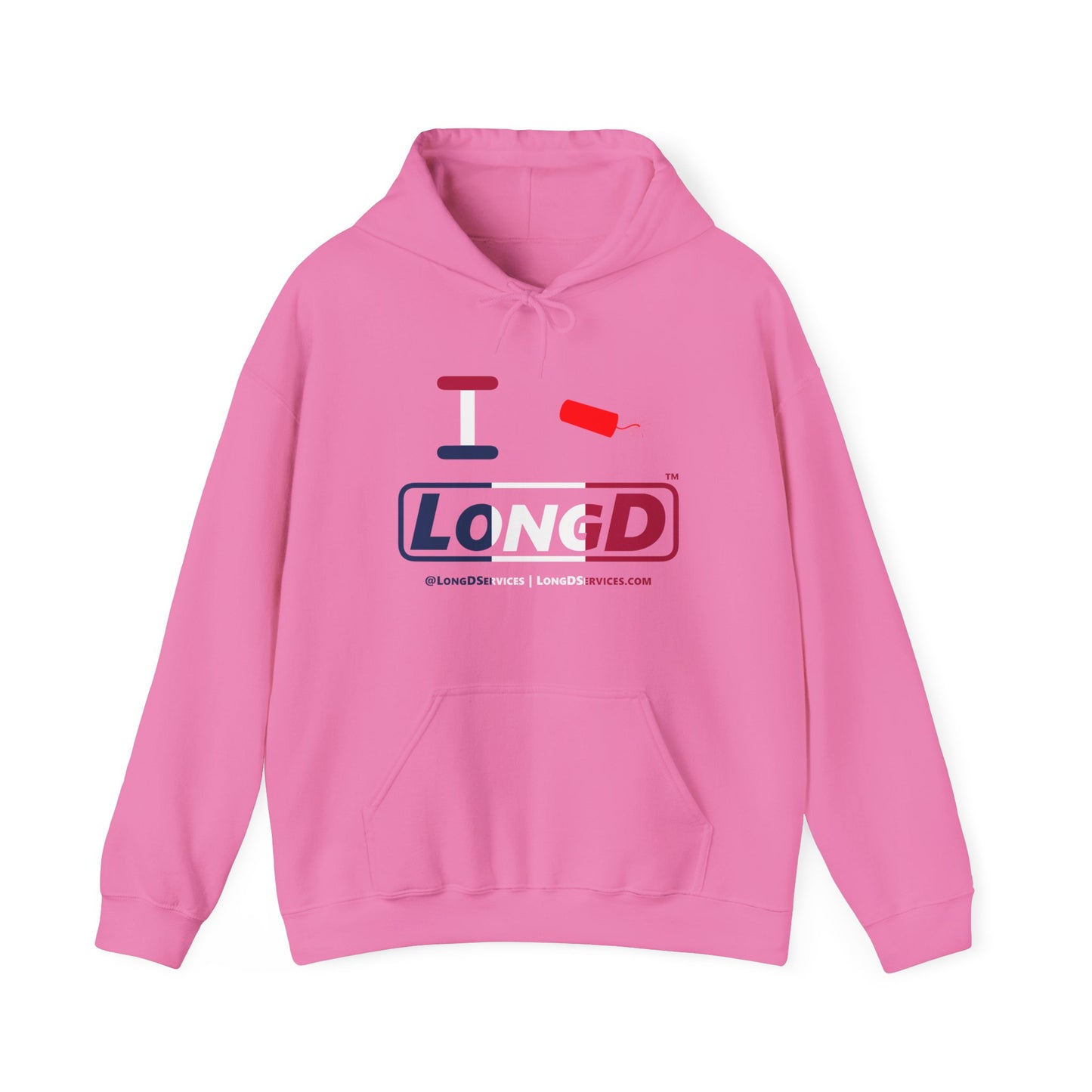 I Firecracker LongD® Logo Hoodie blue, white and red positive thirds