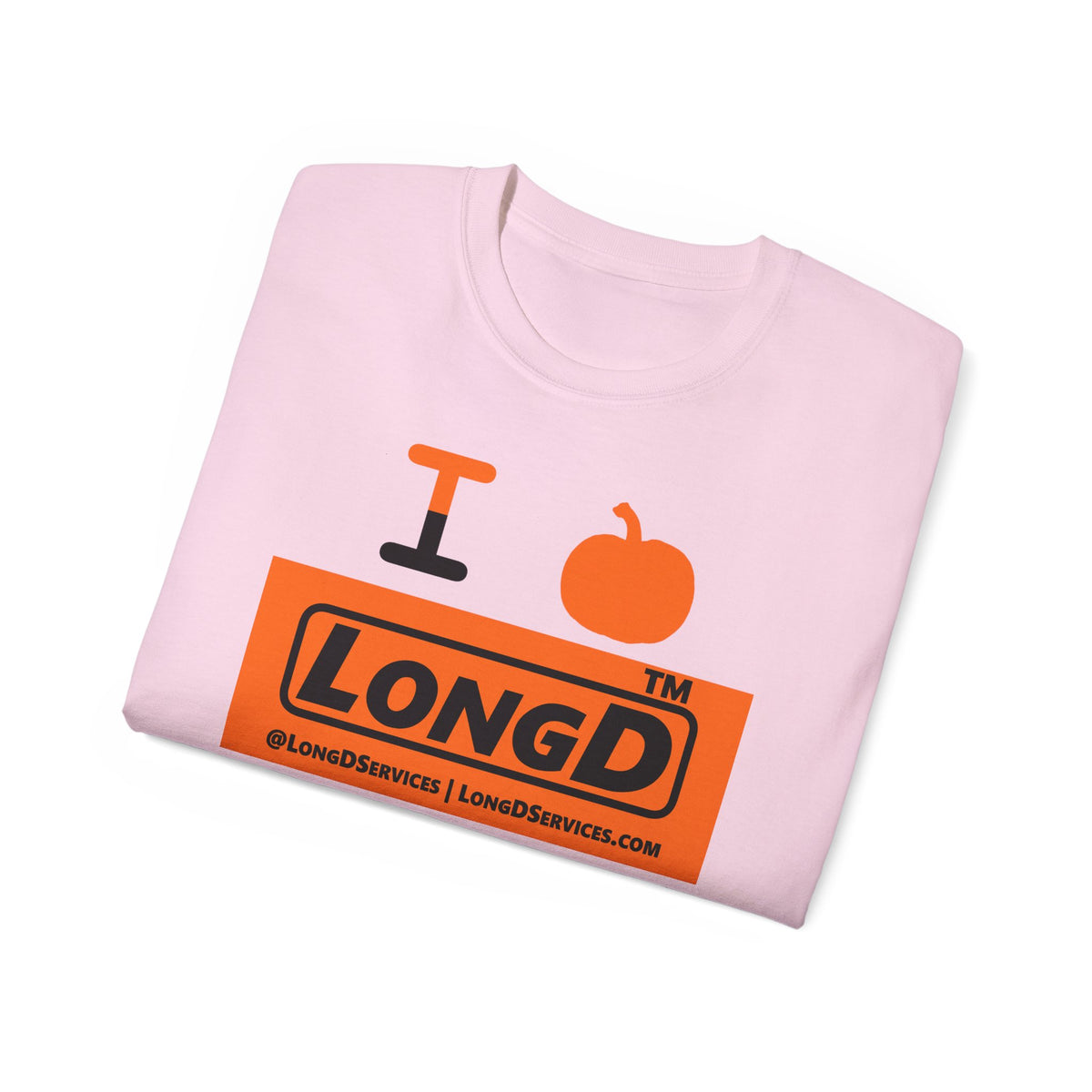 I pumpkin LongD Tag-domain logo positive black on negative orange cotton tee