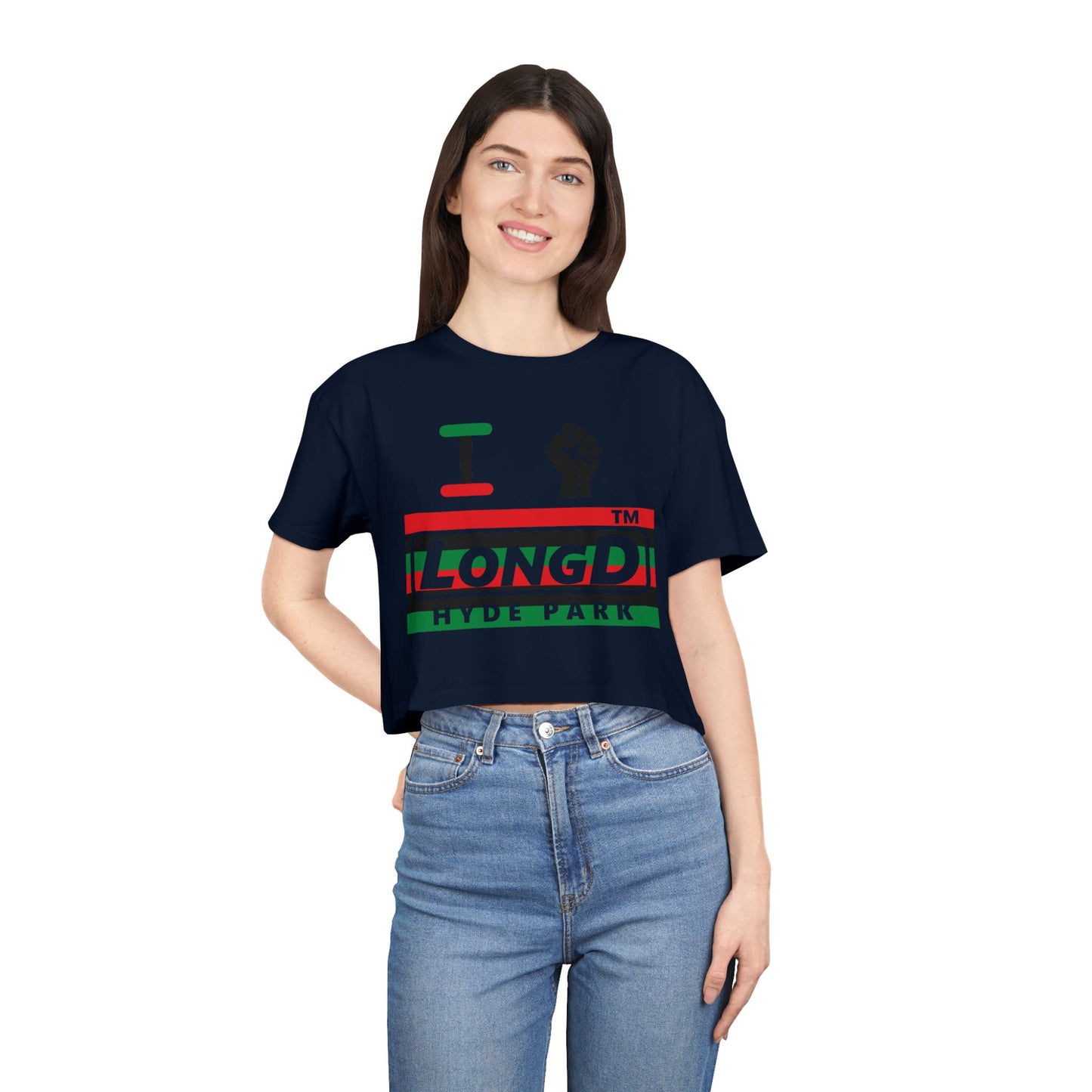 I fist LongD negative horizontal 6-striped front-back Hyde Park logo crop tee