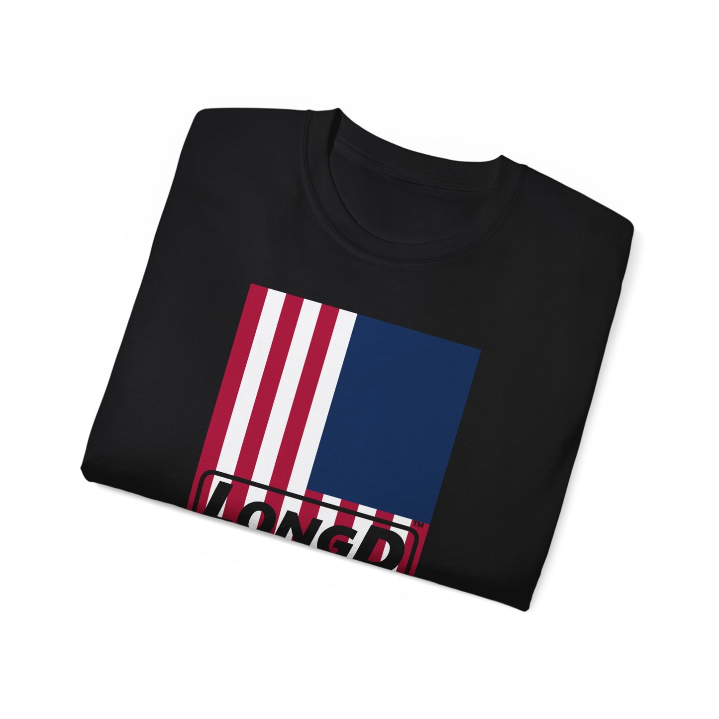 LongD® Logo Cotton Tee Red, White and Blue portrait (official proportions) flag negative text