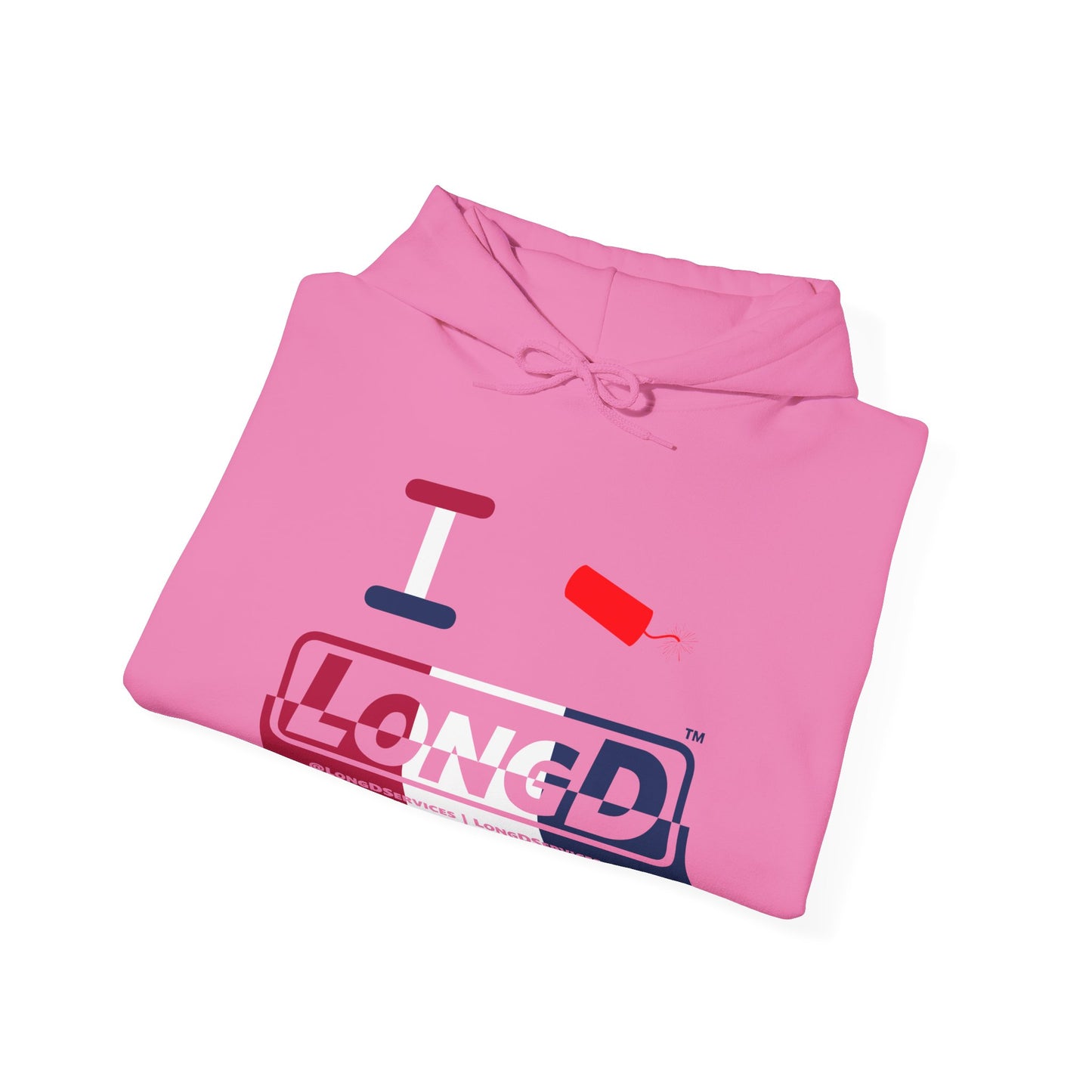 I Firecracker LongD® Logo Hoodie red, white and blue positive top negative bottom thirds