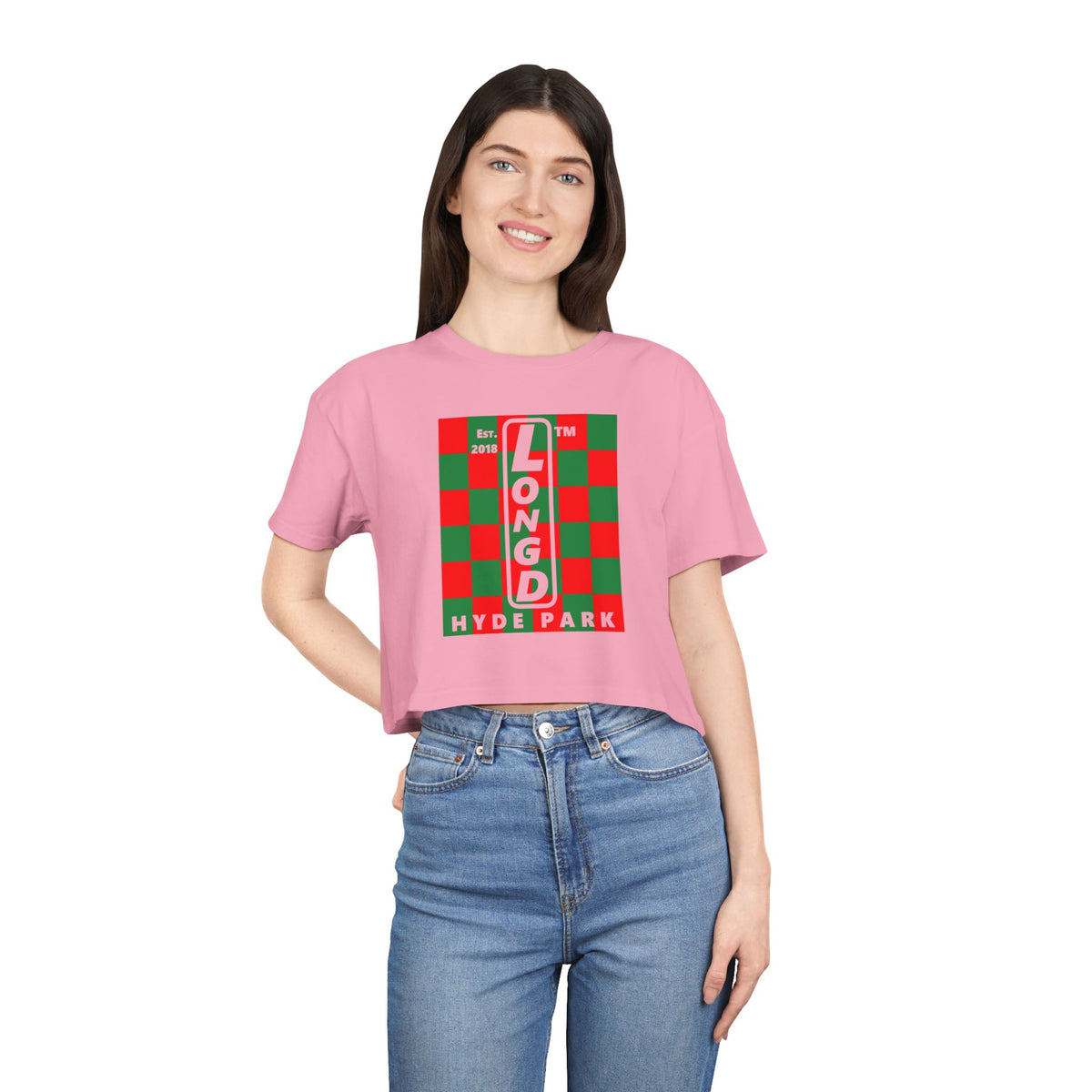 LongD Hyde Park negative upright checkered logo (Xmas colors) crop tee