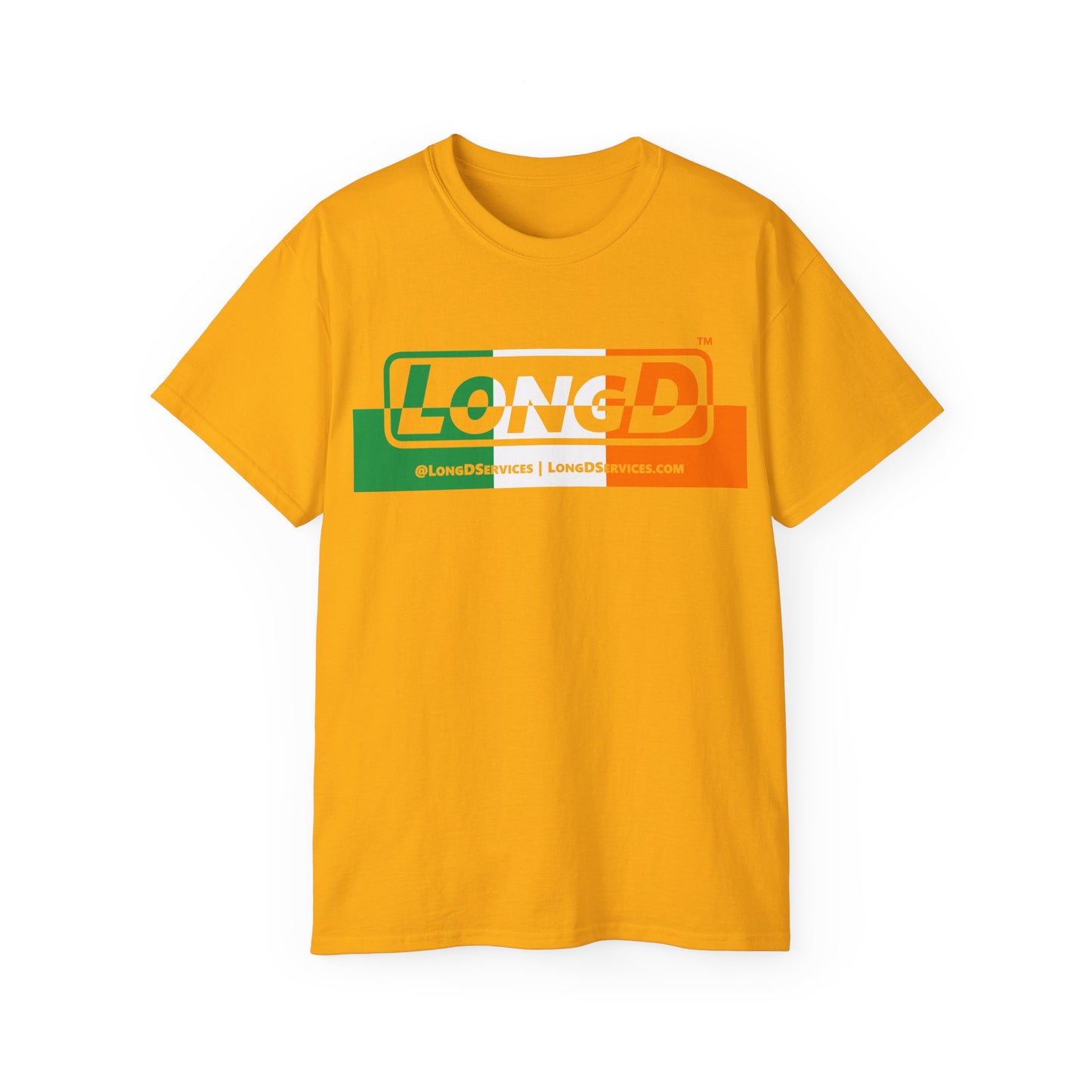 LongD® Logo Cotton Tee (St. Patrick's Day -Irish Green, White and Irish Orange thirds top-bottom positive-negative split)