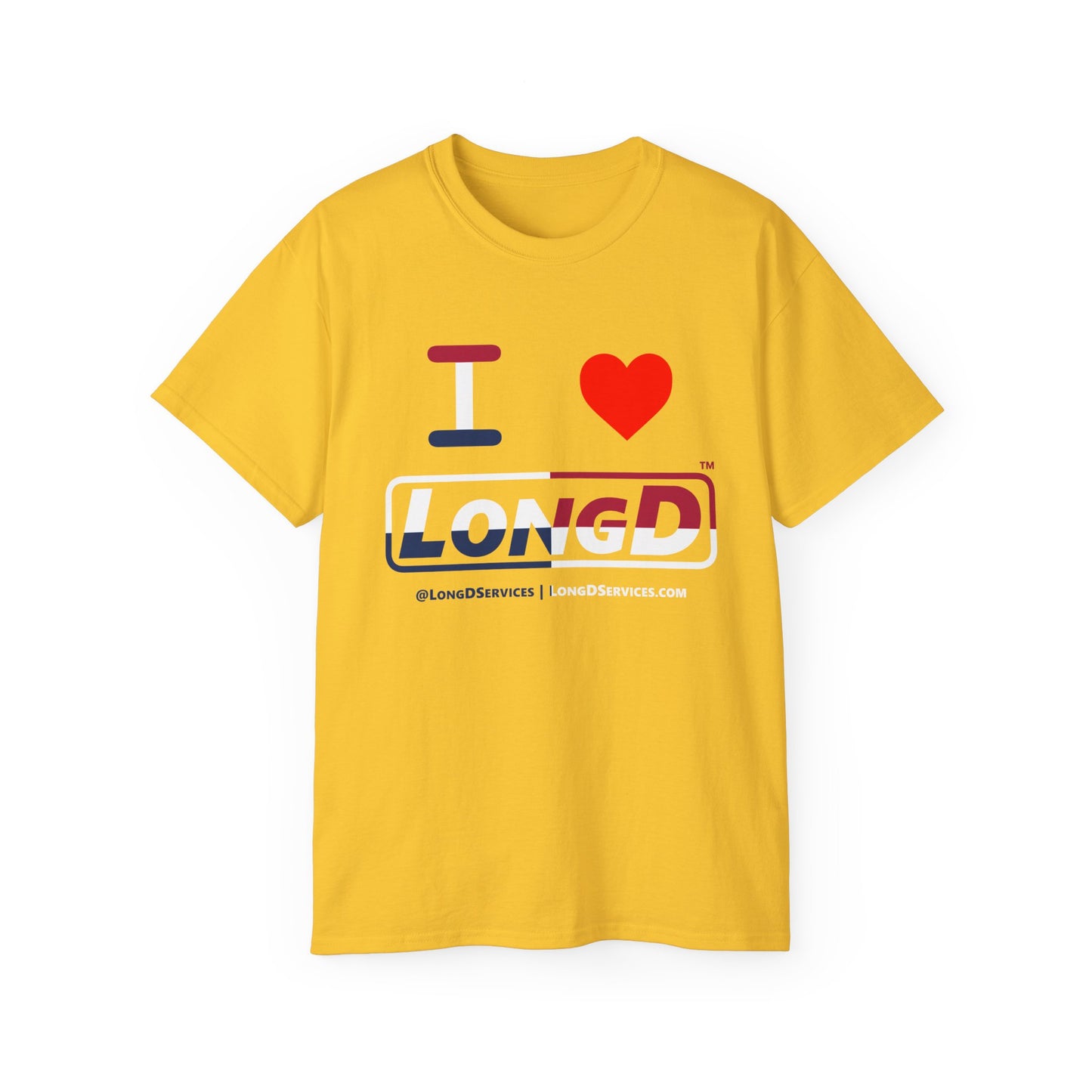 I Luv LongD® Logo Cotton Tee Red, White and Blue positive quarters text