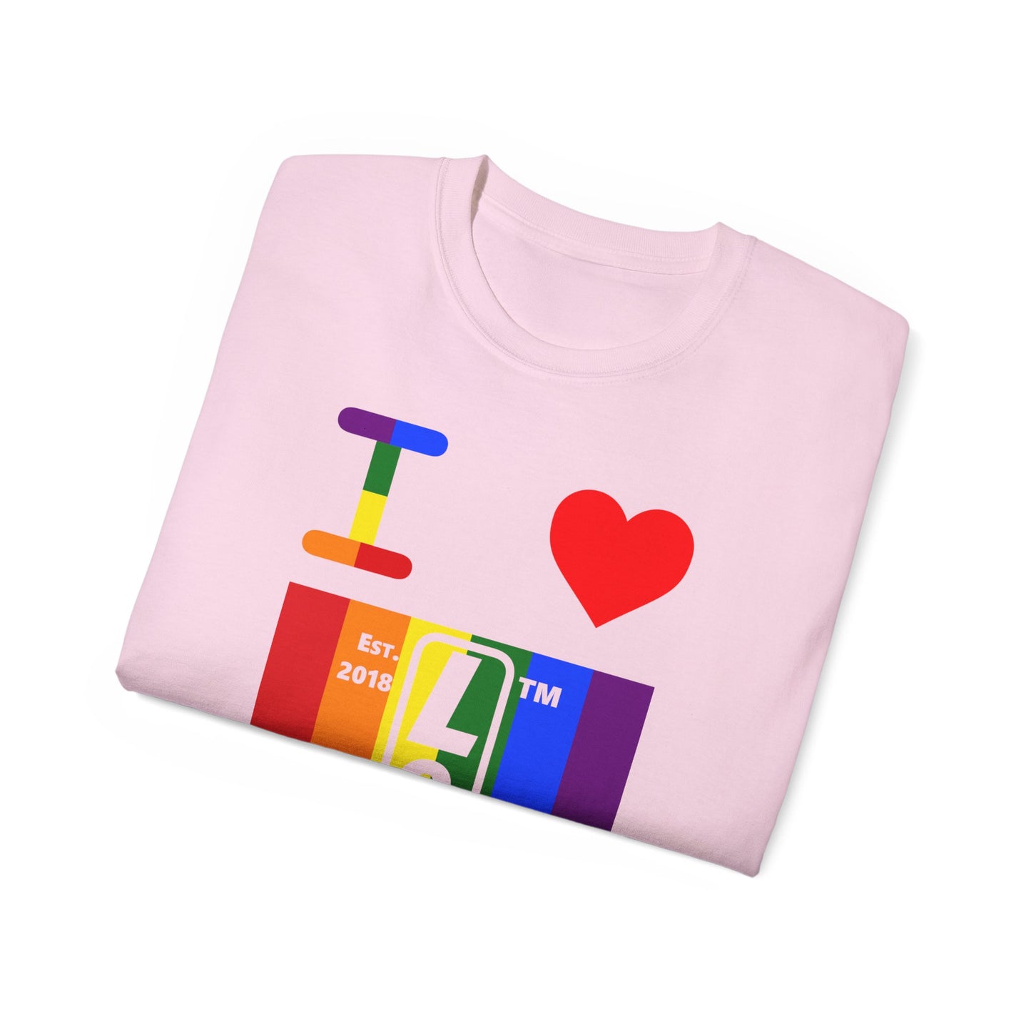 I Luv LongD Cotton Tee negative vertical striped Chicago upright logo (Pride colors)