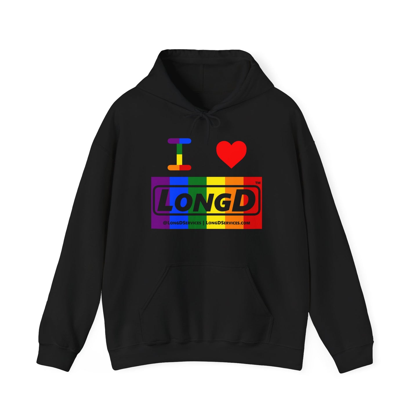 I Luv LongD® Logo Hoodie with Pride rainbow negative text
