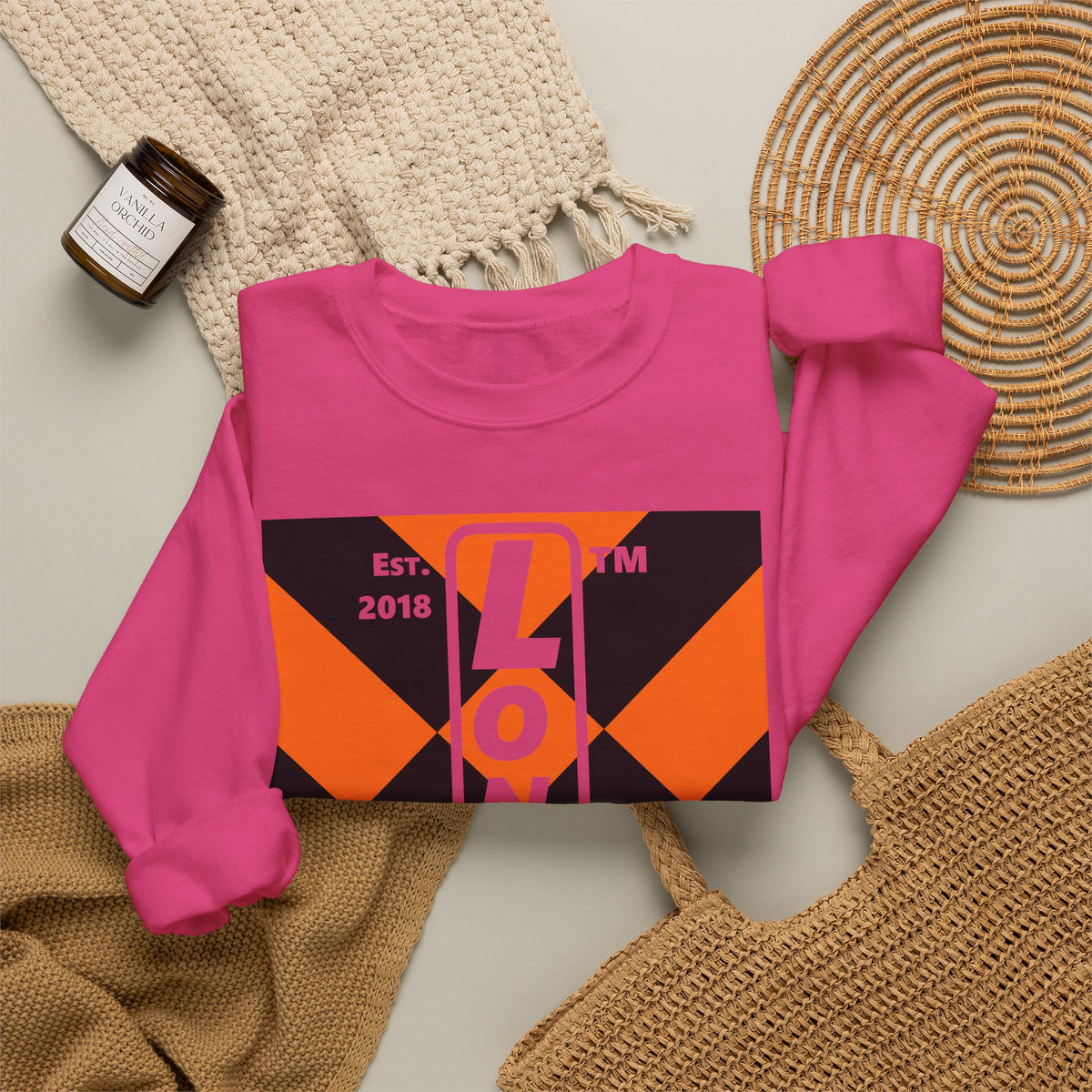 LongD Hyde Park negative upright mixed argyle logo (Halloween colors) crewneck sweatshirt
