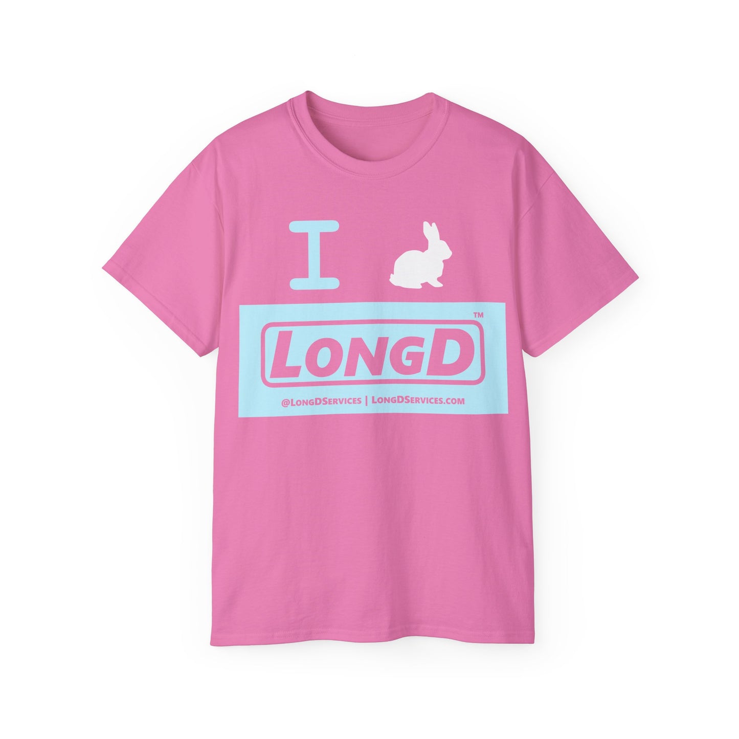 I Bunny LongD® Logo Cotton Tee Easter pastel blue negative text (white Easter Bunny)