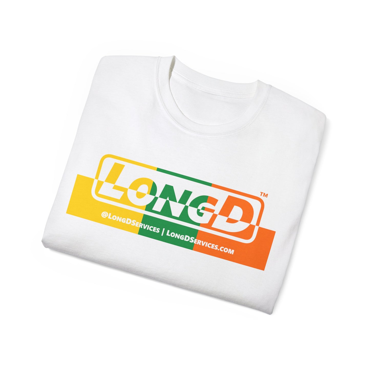 LongD® Logo Cotton Tee (St. Patrick's Day -Irish Green, Golden Yellow and Irish Orange thirds top-bottom positive-negative split)