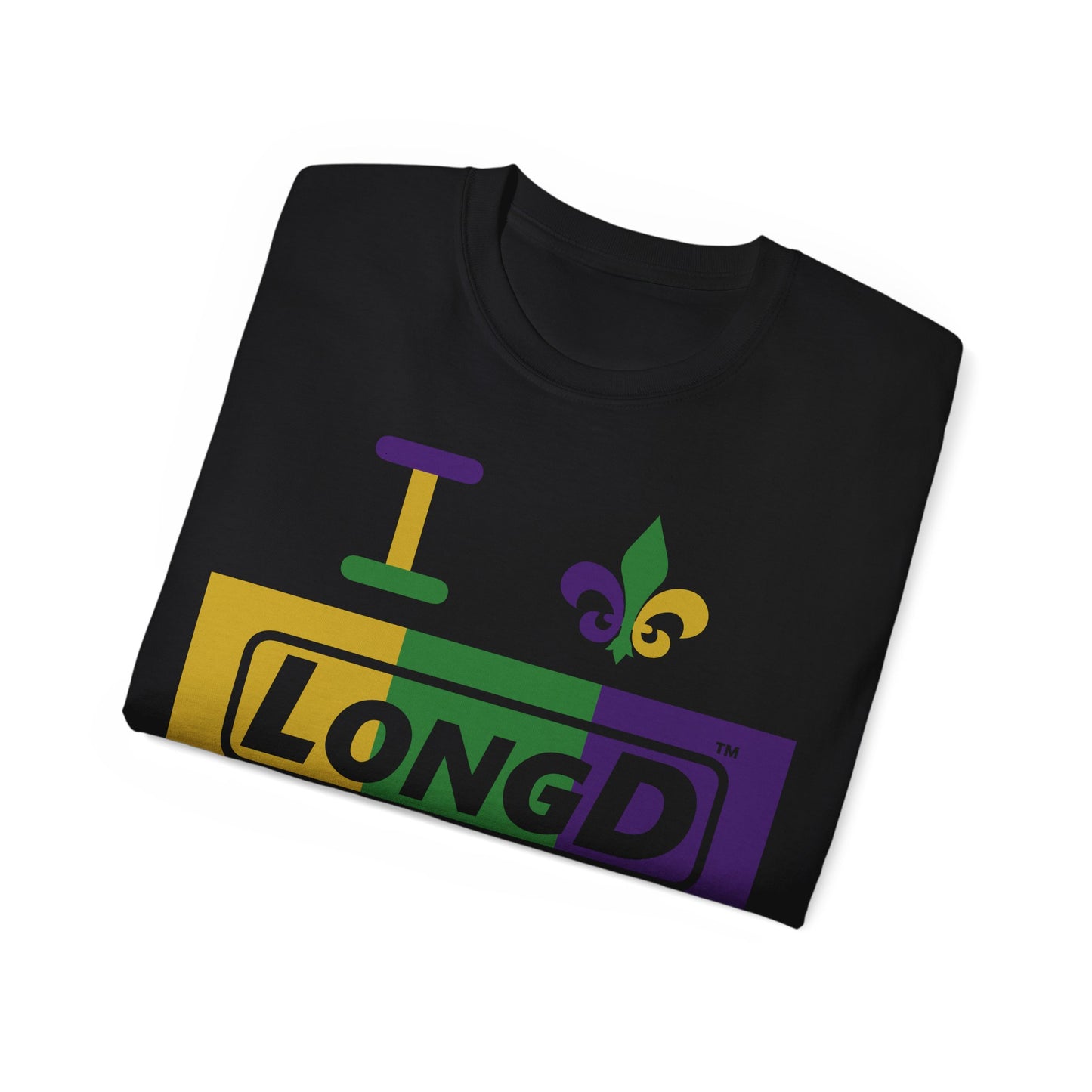 I Fluer LongD® Logo Cotton Tee (Mardi Gras colored text, negative logo & fleur de lis)