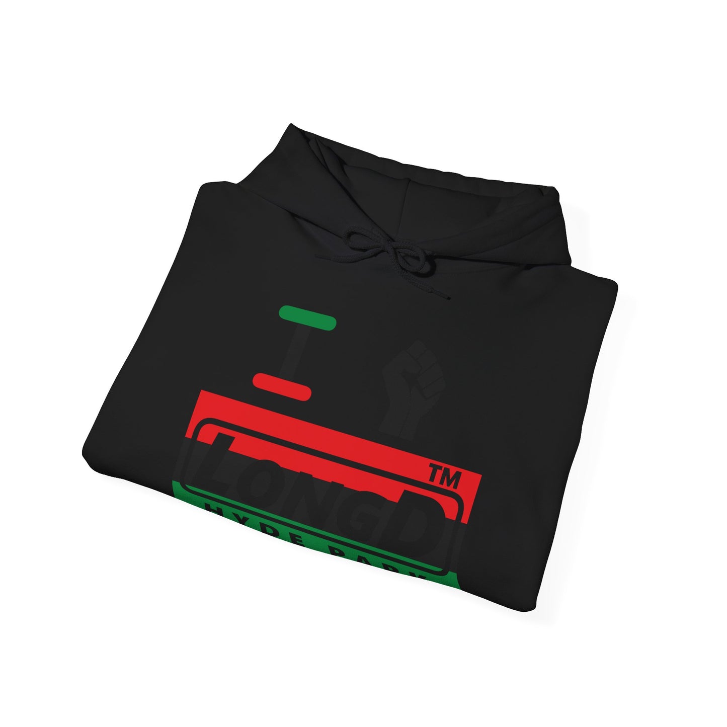 I fist LongD® negative horizontal 3-striped Hyde Park logo Hoodie (Juneteenth colors)