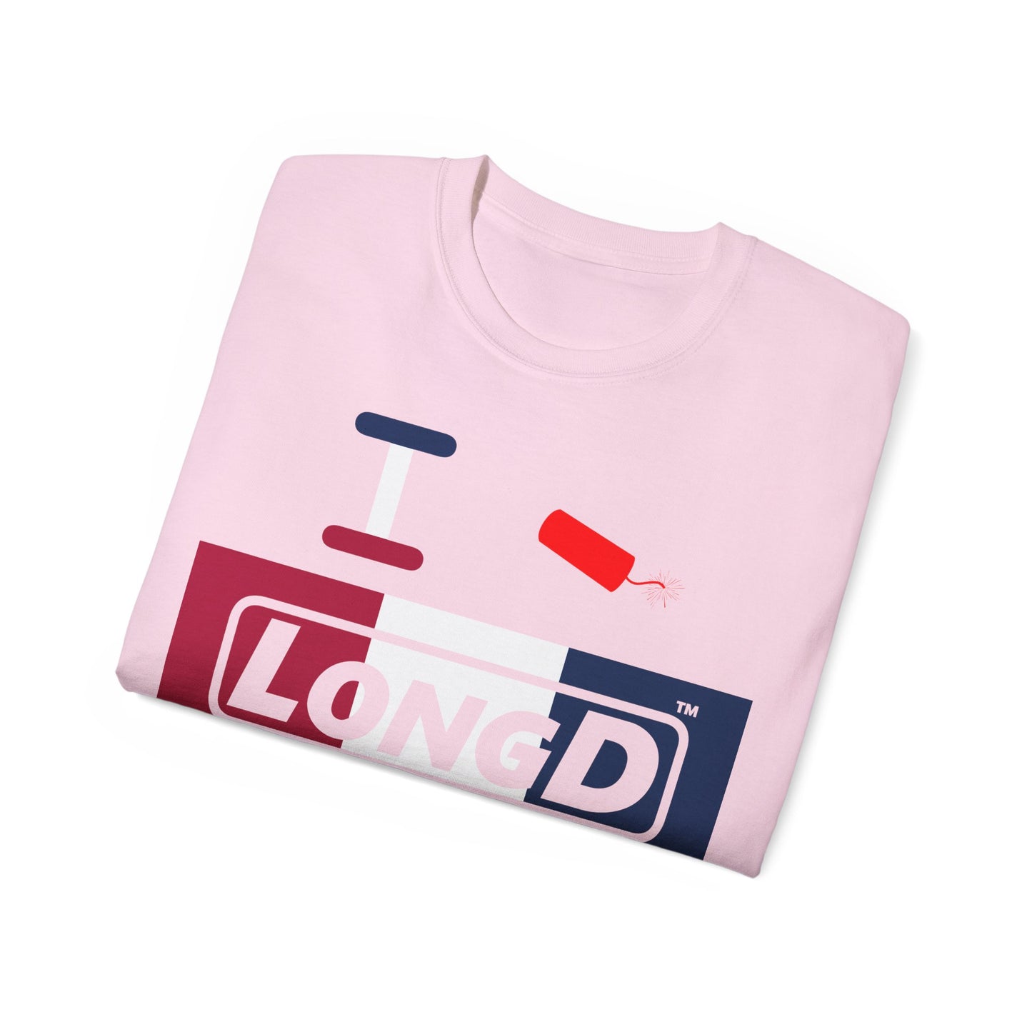 I Firecracker LongD® Logo Cotton Tee Red, White and Blue negative thirds text