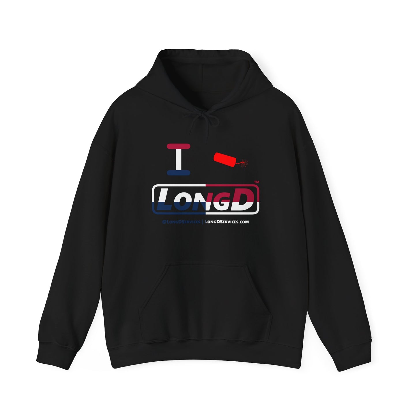 I Firecracker LongD® Logo Hoodie red, white and blue positive quarters