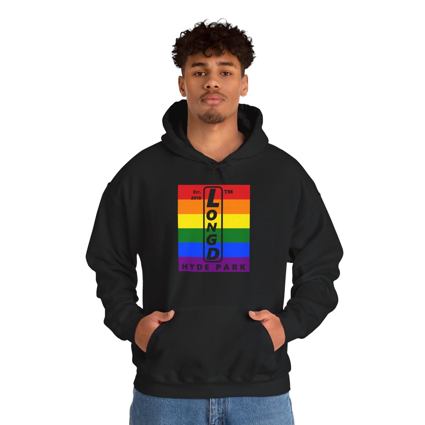 LongD® negative horizontal 6-striped upright Hyde Park logo hoodie (Pride colors)