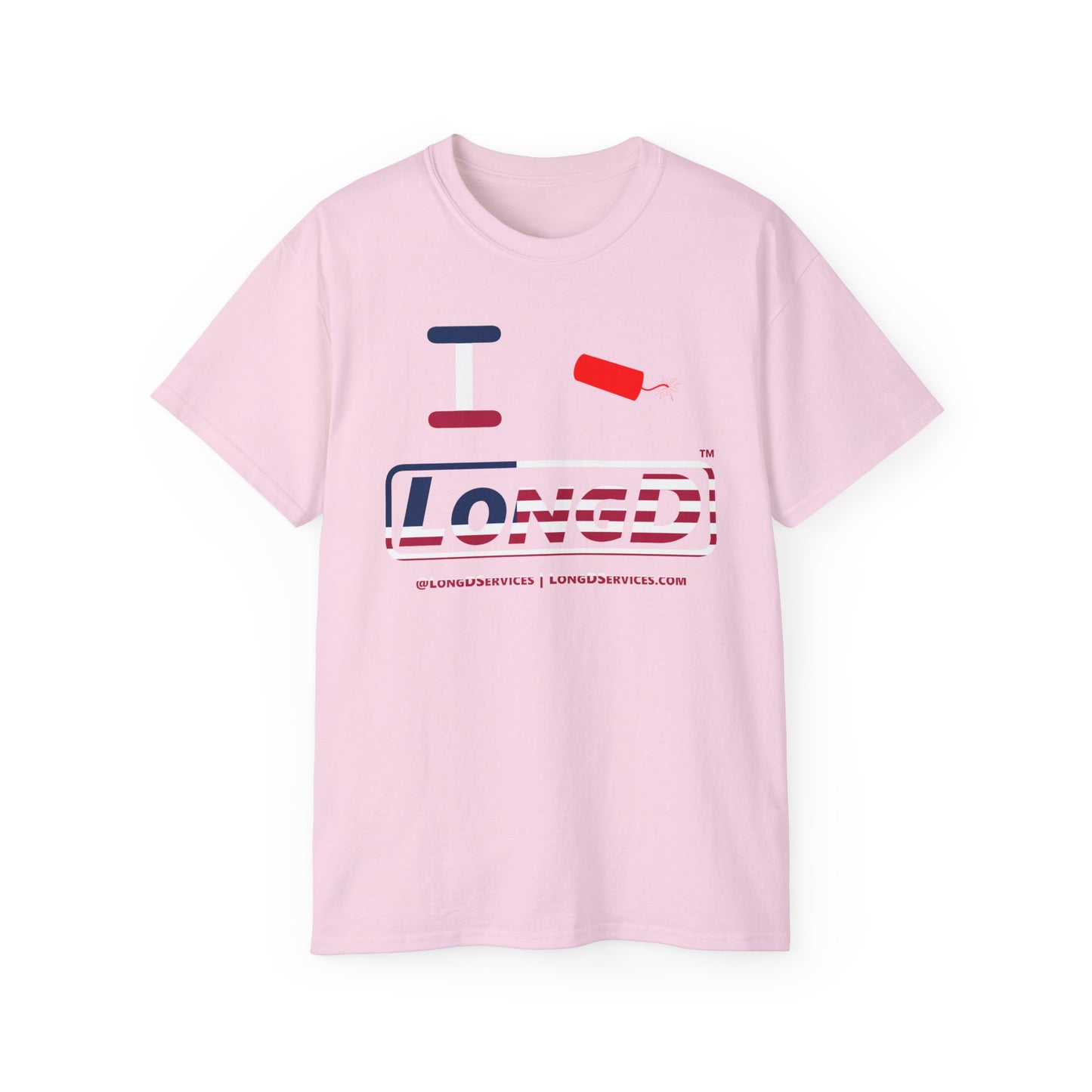 I Firecracker LongD® Logo Cotton Tee Red, White and Blue positive flag