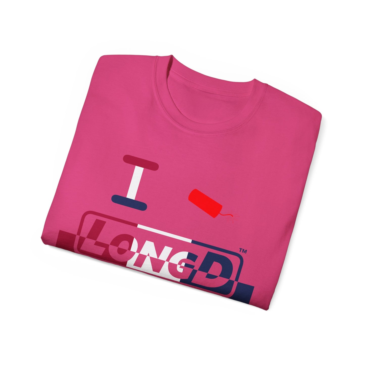 I Firecracker LongD® Logo Cotton Tee Red, White and Blue positive top negative bottom split thirds text