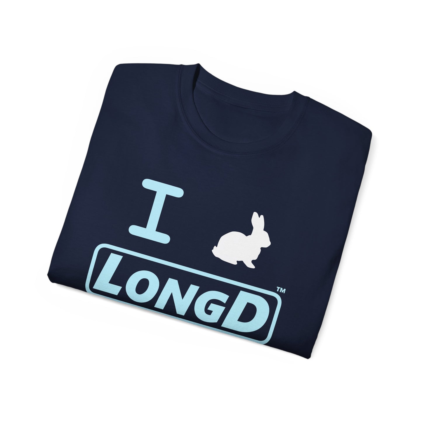 I Bunny LongD® Logo Cotton Tee Easter pastel blue text (white Easter Bunny)
