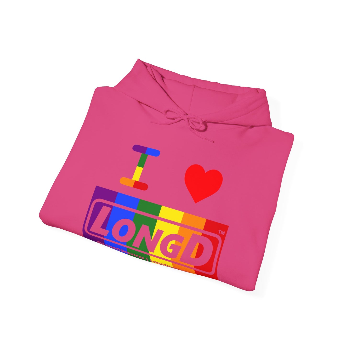 I Luv LongD® Logo Hoodie with Pride rainbow negative text