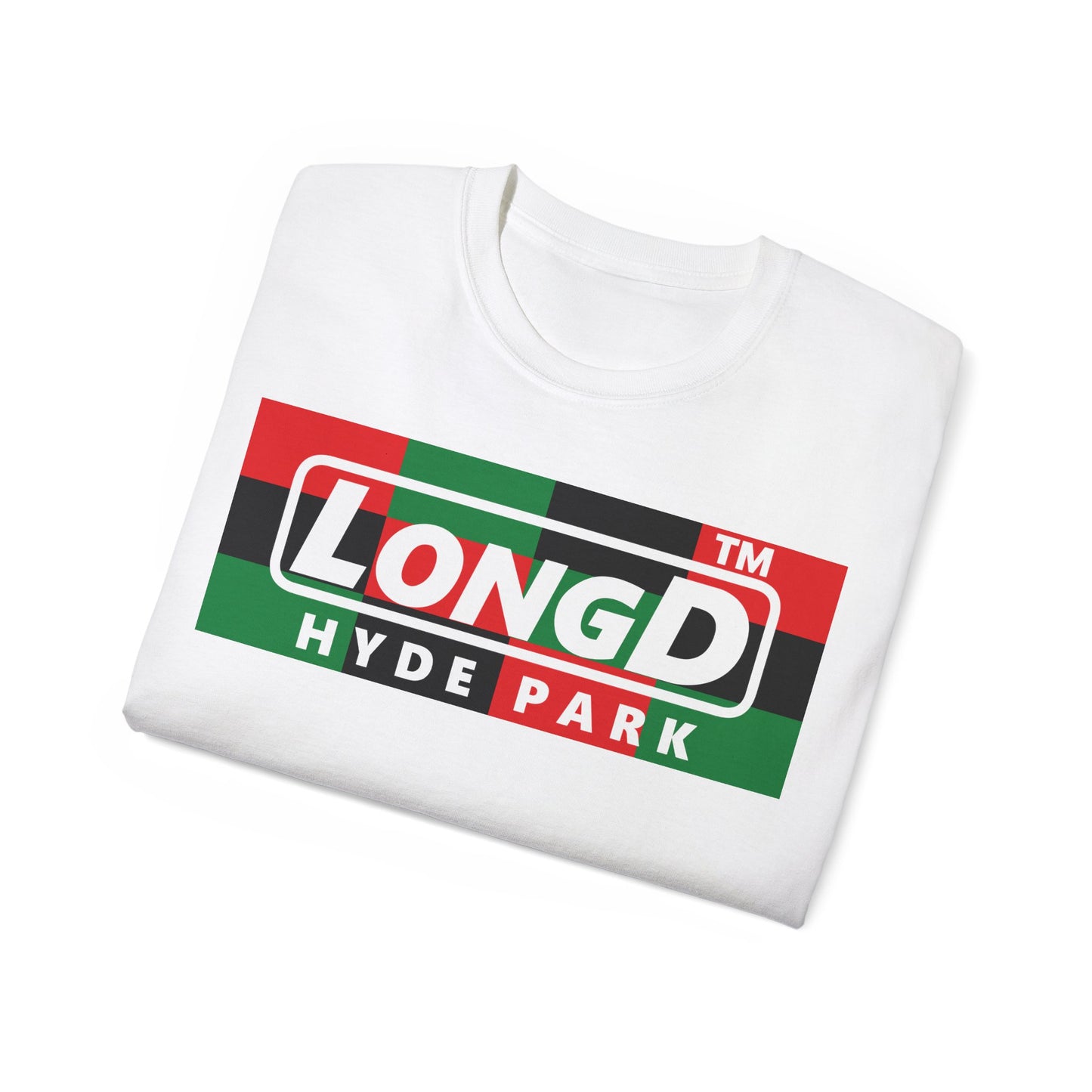 LongD negative 3x4 Hyde Park logo cotton tee (Juneteenth colors)