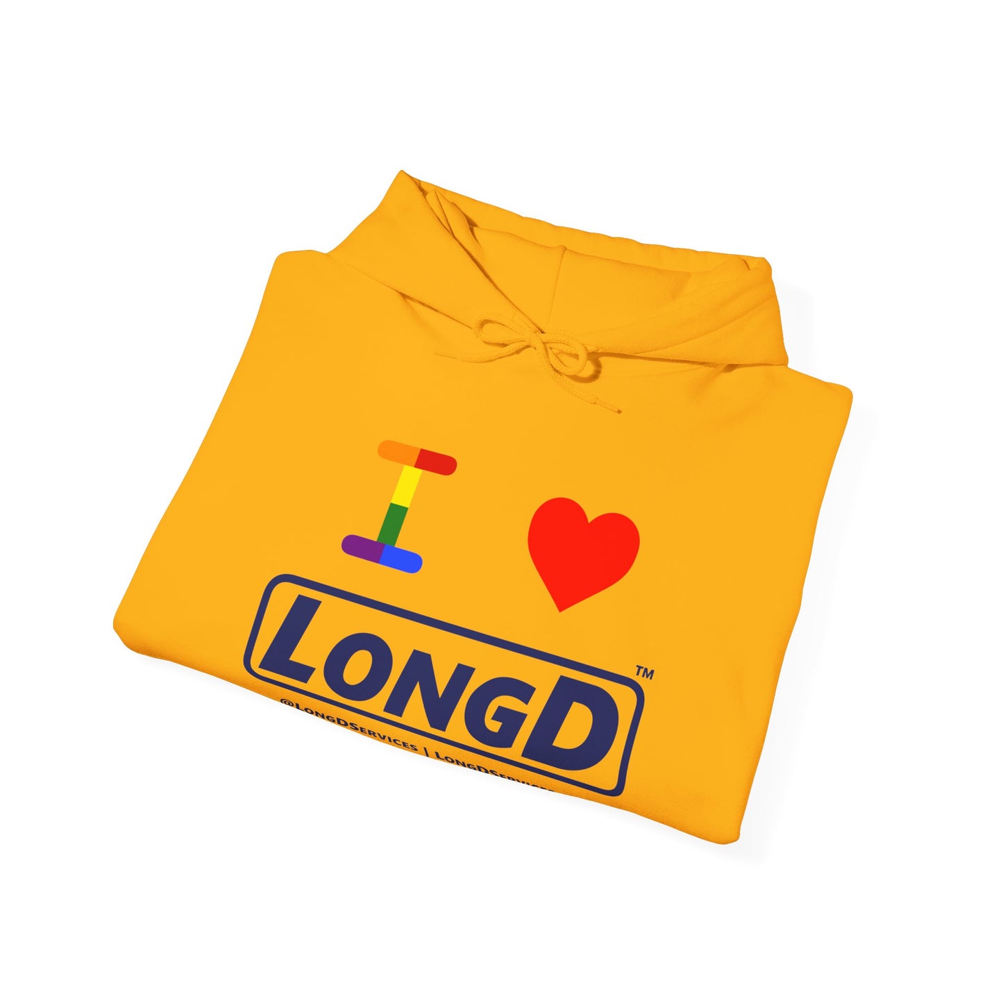 I Luv LongD® Official Logo Hoodie with Pride rainbow "I" and positive logo text