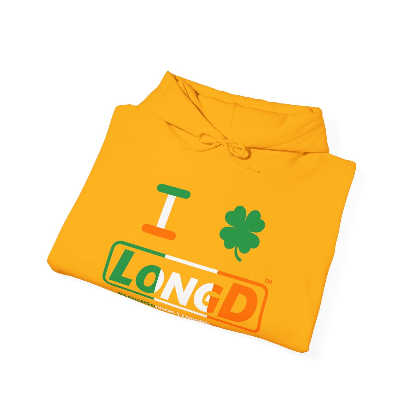 I Clover LongD® Logo Hoodie (St. Patrick's Day Irish Green-Irish Orange-White text)