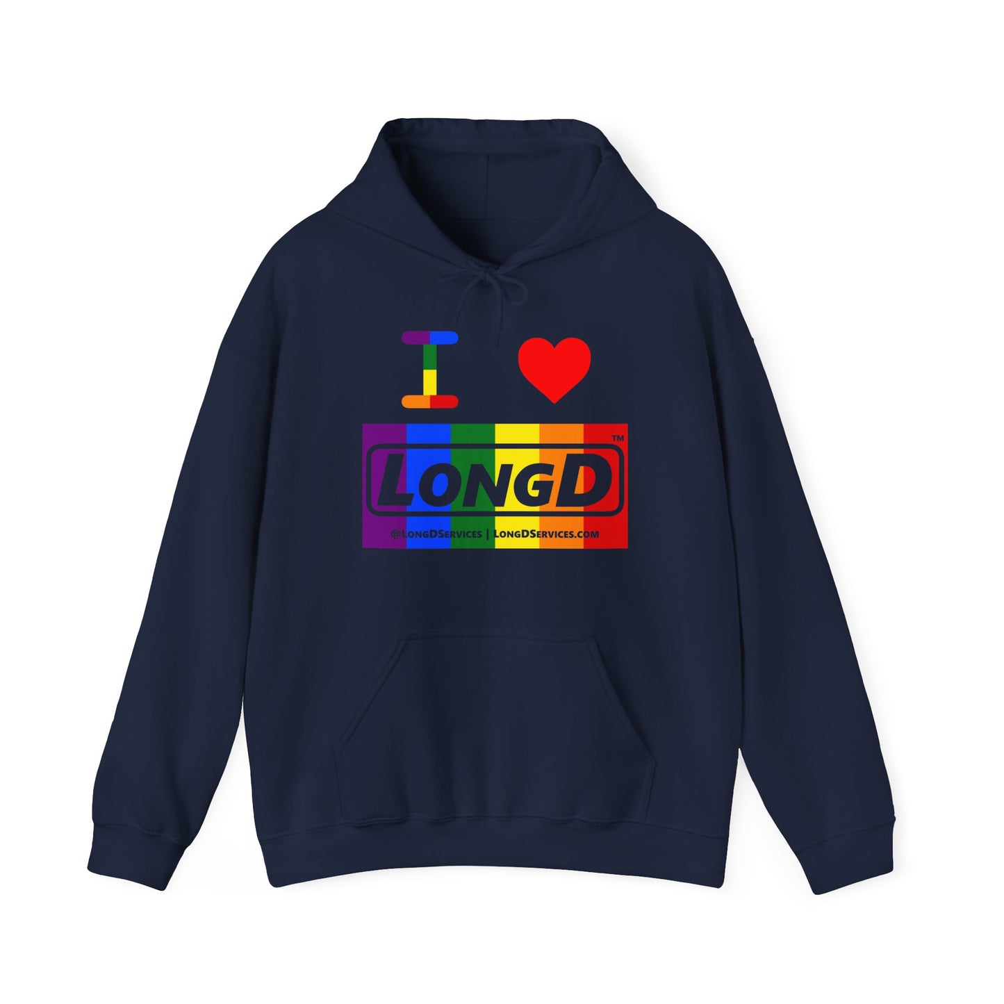I Luv LongD® Logo Hoodie with Pride rainbow negative text